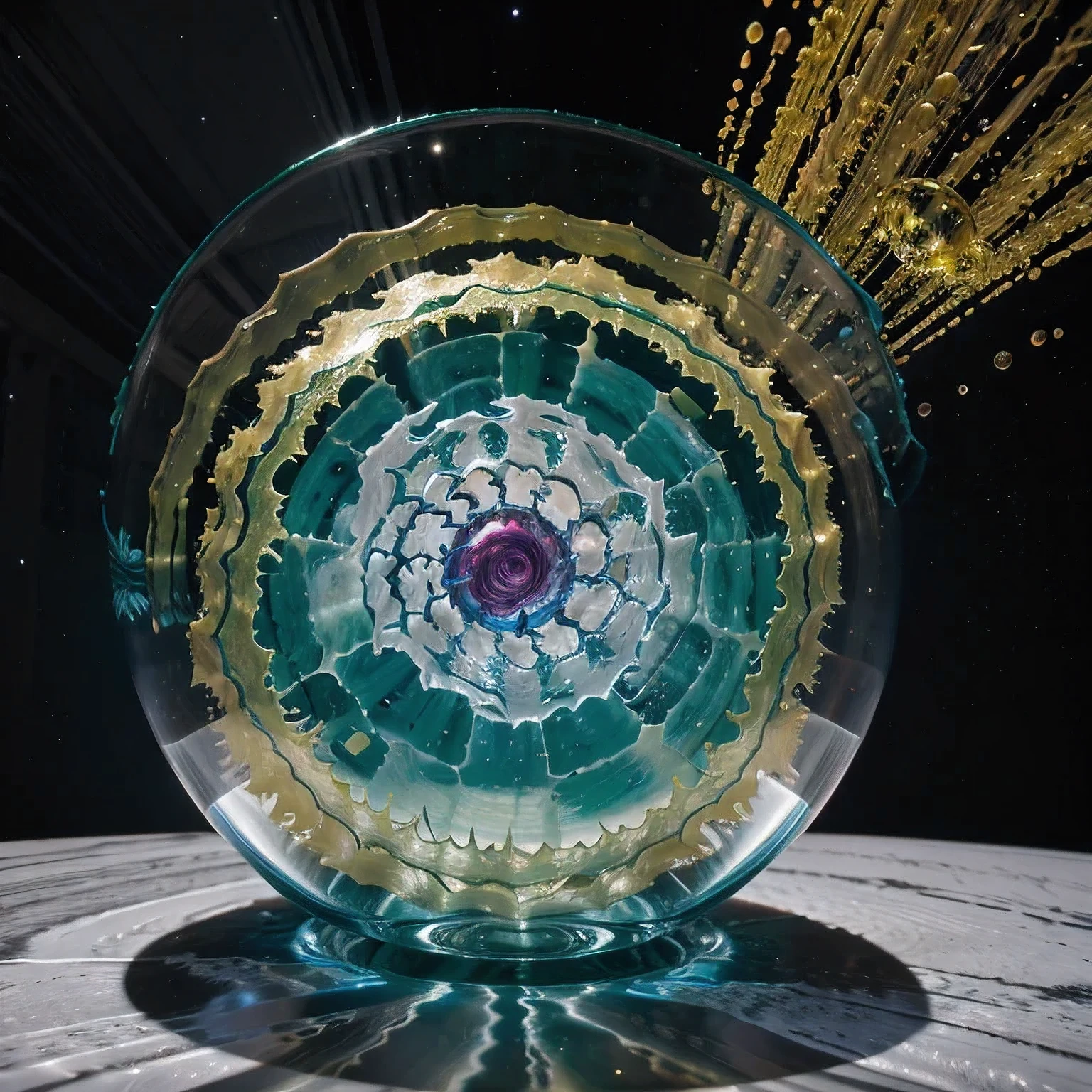 Seabed ice sheet background,detailed armor, ornate headdress, samurai helmet(((Dynamic rotating concentric circles)))(Dynamic rotation of concentric circles)Mandala is the result of the long journey of creating concentric circles of liquid color, there is a glass bowl with a green and purple swirl inside, simulacrum of a space fungus, alien flower, distant nebula are glowing algae, inspired by Otto Piene, inspired by Earnst Haeckel, top down extraterrestial view, covered with ferrofluid. dslr, translucent algae ornate, the eye of the universe, anatomical fractal,which interact through transparency, refraction, reflection, and collision. The ultimate goal is to showcase unique, detailed, and aesthetically pleasing images that capture the audience's attention through their initial visual impact and stunning details in liquid interactions,there is a cake with a red and yellow center on a blue plate, inspired by Otto Piene, victor antonov, culinary art photography, inspired by Graham Sutherland, colorful ferrofluid armor, inspired by Anish Kapoor, alexandra fomina, david kassan, by Jan Rustem, rudolf is hired, sergey krasovskiy, kai vermehr