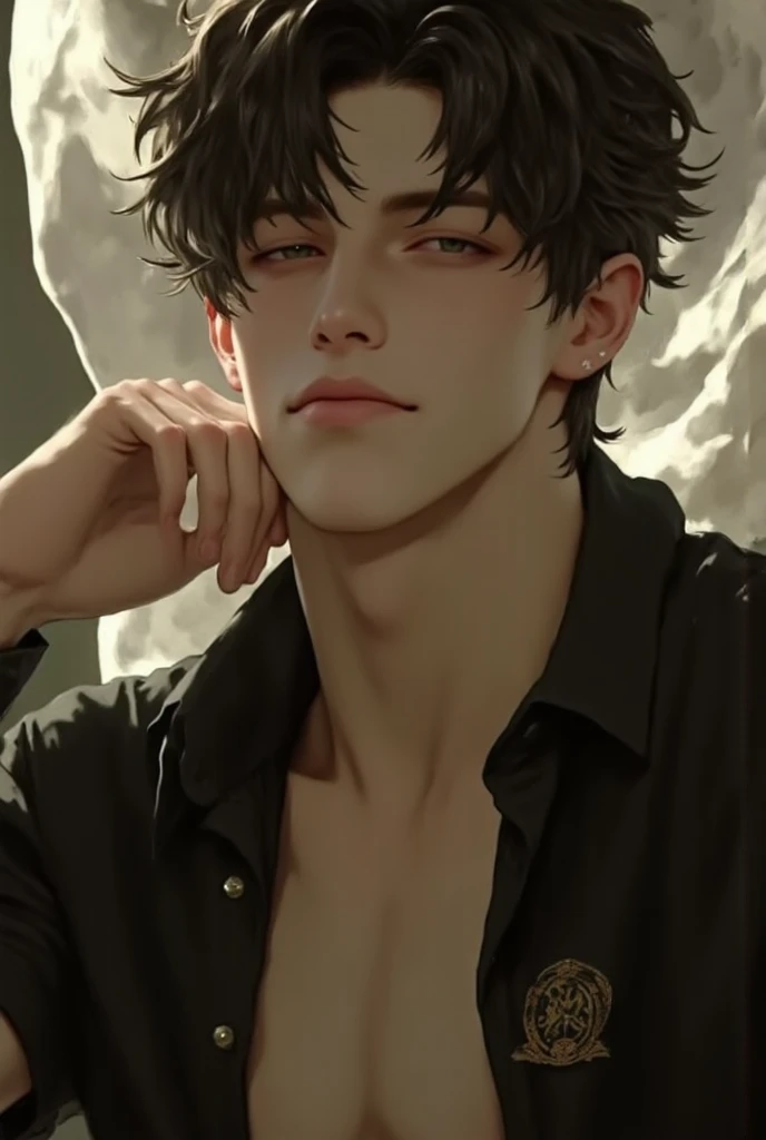 (masterpiece), (best quality), 1man, solo, male, middle part hair, black hair, dreamy eyes, smiles, (strong, well-defined, chiseled jawline), (prominent, slightly pointed chin),muscular, modern student, modern uniform, arrogant, confident, playful, unbothered, mighty, classroom background, forehead, majestic, aesthetic, ethereal, handsome, tall, stunning, detailed eyes, young adult face, magnificent background, (1men), detailed(light and shadow), light effects, cinematic camera angles, gentlemen, gentle, elegant, rich, luxurious, studying, studying in class, (detailed light and shadow, cinematic scenery, (1person), (solo men), (short hair), young man, 18 years old, (exquisite art), Expressive character designs), (rich textures), (digital anime art style)