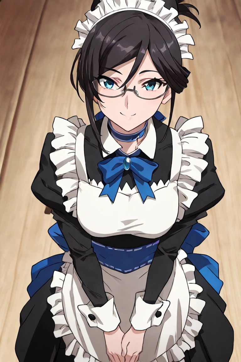 ((extremely realistic shading, masterpiece, extremely detailed, photorealistic)) Black silkBlack silk, <lora:ailuo-09:0.8>ailuo,Blue short hair,black glasses,Maid attire,silk stockings