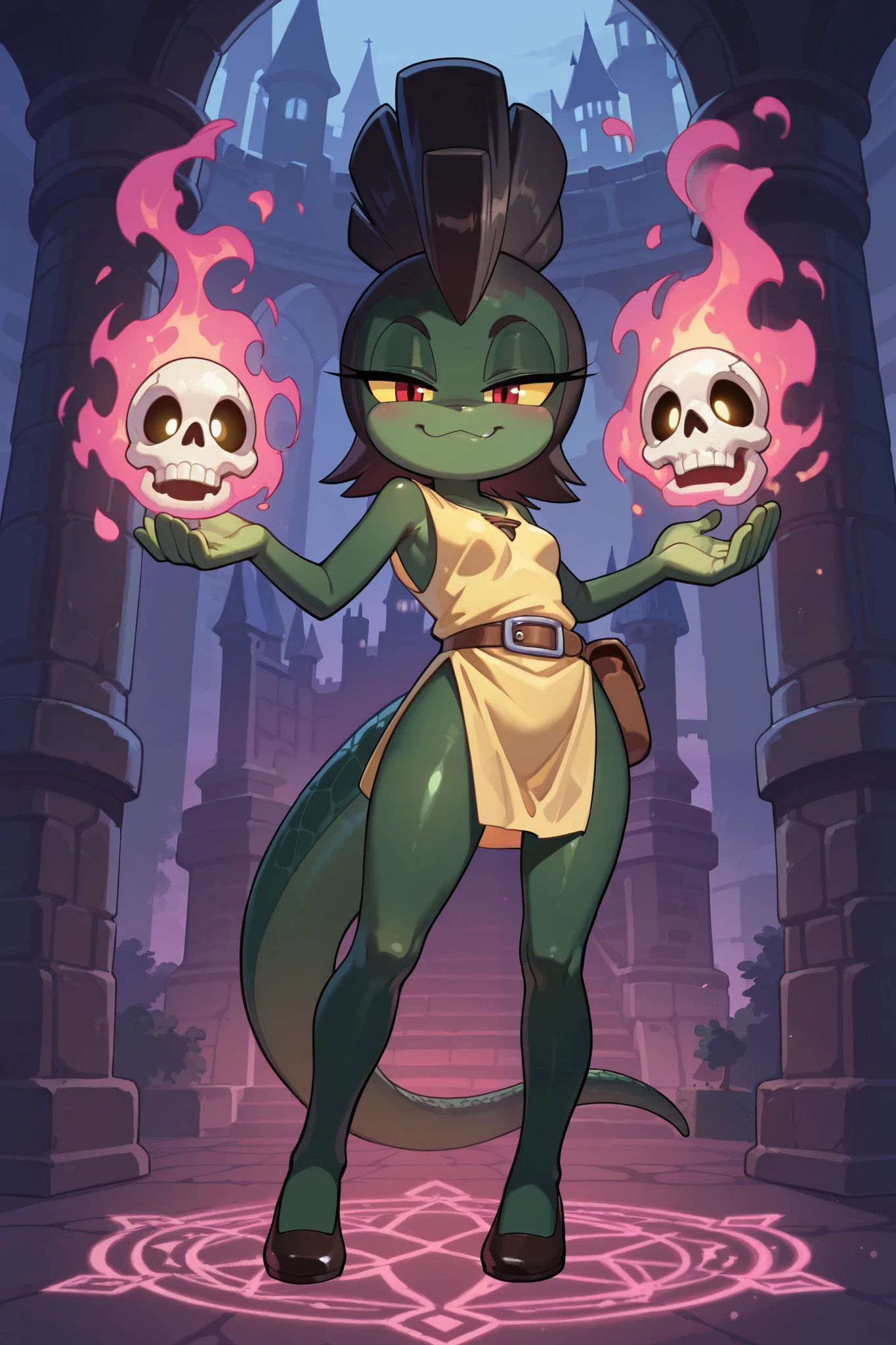 score_9, score_8_up, score_7_up, 1girl, solo, masterpiece, best quality, amazing quality, very aesthetic, absurdres, source furry, mobian alligator, half closed eyes, yellow sclera, red eyes, dark green body skin, black hair, spiky bangs, mohawk hairstyle, looking at viewer, smile, oily skin, eyeshadows, (short body, tiny body), big head, closeup, (( black feathered headband, black nigromantic tunic, wizzard clothes, black feathered collar, )), full body, small , alligator tail, castle room on background, standing, :3, holding a magic skull, magic on skull, lilac magic spell, 