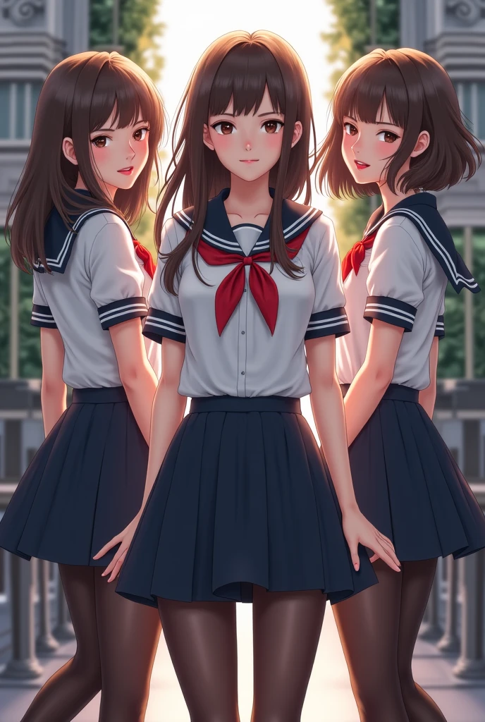 three girls in school uniforms posing for a picture on a balcony, seifuku, japanese school uniform, jk uniform, wearing japanese school uniform, with index finger, japanese girl school uniform, official artwork, wearing school uniform, wearing a school uniform, kantai collection style, japanese high school, hololive, shikamimi, young gravure idol, magic uniform university