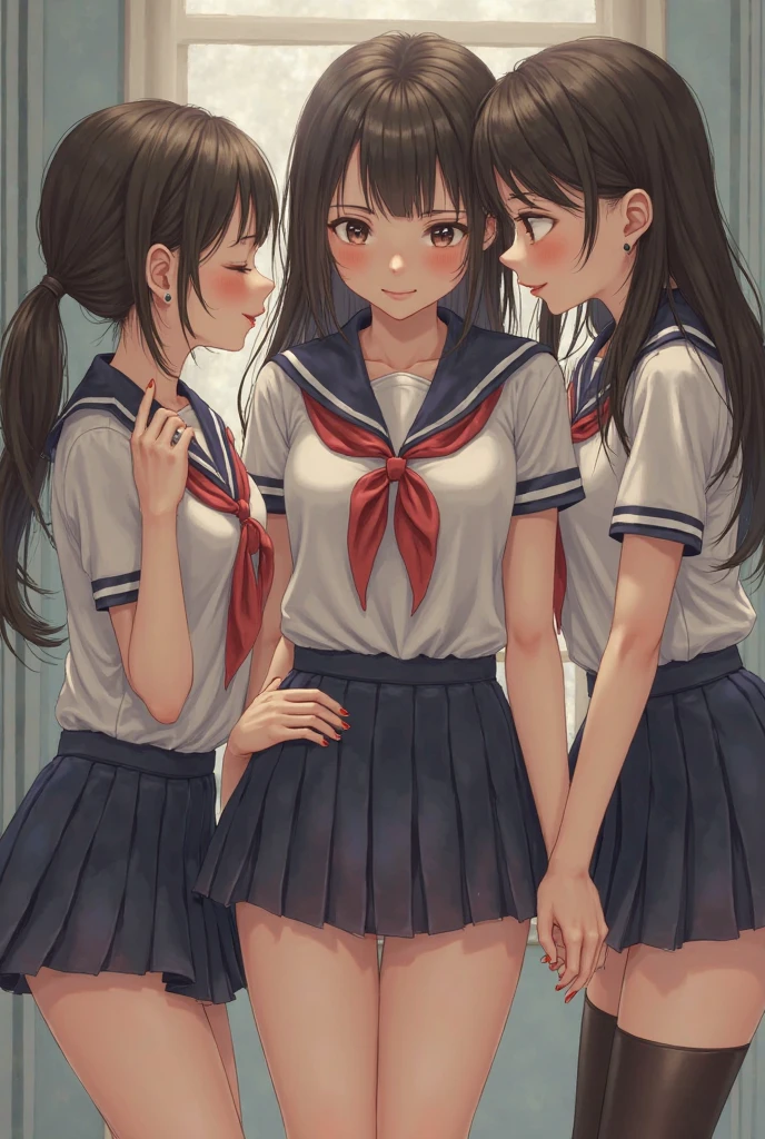 masterpiece, best quality, 3 girls, 10yo, (petite),
smile, open mouth, standing, sailor uniform, small breasts, classroom,