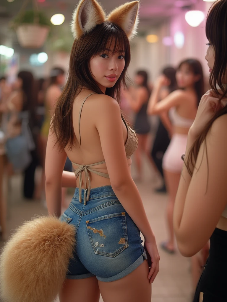 araffe woman in a white bikini standing in front of a crowd, festival vibes, sexy girl, long shot from the back, gorgeous woman, gorgeous lady, wearing a white bikini, rave girl, raver girl, looking from behind, her belly button is exposed, 1614572159, looking to the side, candid shot