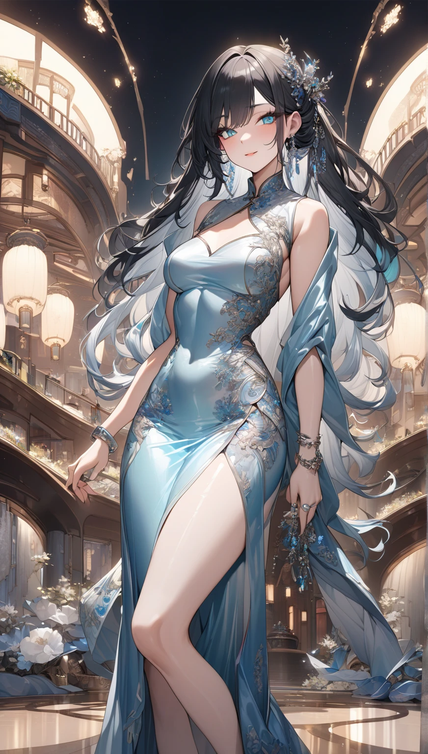 best quality, incredibly absurdres, extremely detailed, 2.5D, delicate and dynamic, beautiful woman, intelligent cool beauty, captivating look, tight up hair, wearing iridescent gradient sleeved cheongsam features intricate and luxurious embroidery, shiny satin fabric, accessories, superlative body proportion, gorgeous and gorgeous effects, background aristocratic social setting