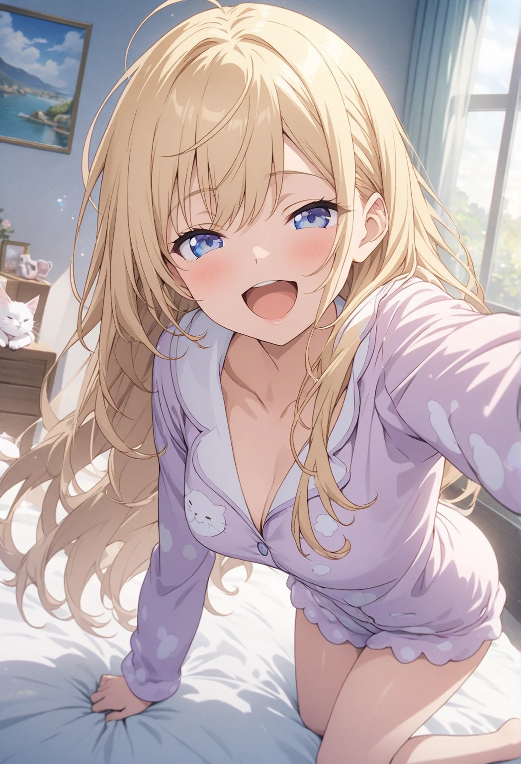 (Highest qualityのイラスト:1.2), (cute女の子:1.1), (1 girl、、Highest qualityのイラスト:1.2), (slightly bigger eyes、Kind eyes、blue eyes)、Blonde、Semi-long hair、Mature、(Highest quality、Very detailed、cute、Ultra-high resolution) 、Morning bedroom、On all fours、Cleavage、In pajamas