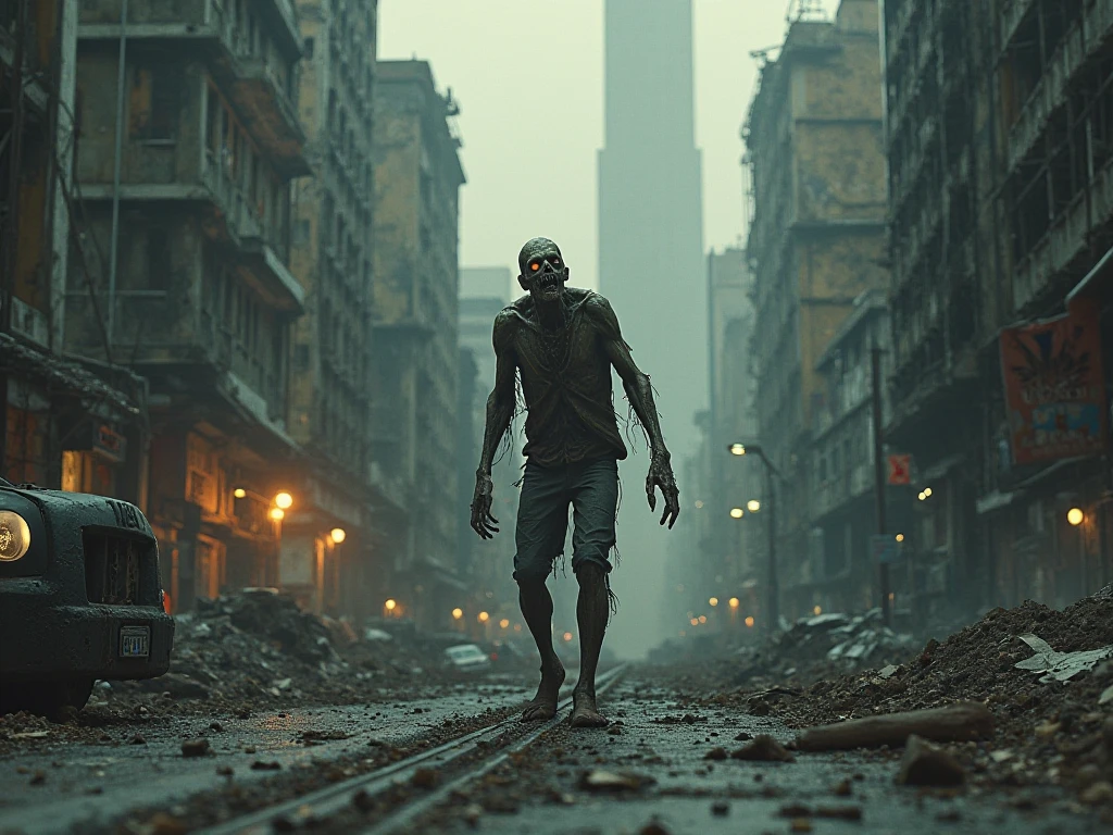 a cinematic surrealistic stylized painting of zombie in abandoned overgrown city LED lights, the ground is a mosaic of grass and water, dreamy, taken on a hasselblad medium format camera, cinemascope, vignette, (subject in center, symmetrical:1.4), dramatic lighting, night time, volumetric lighting, (hazy atmosphere:1.5), green cool light, cold, outside <lora:add-detail-xl:0.3>