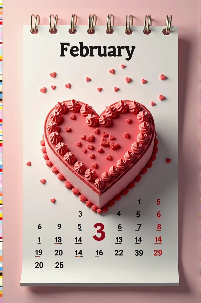 February calendar with black letters for a large heart-shaped cake mark the 3rd with a red heart