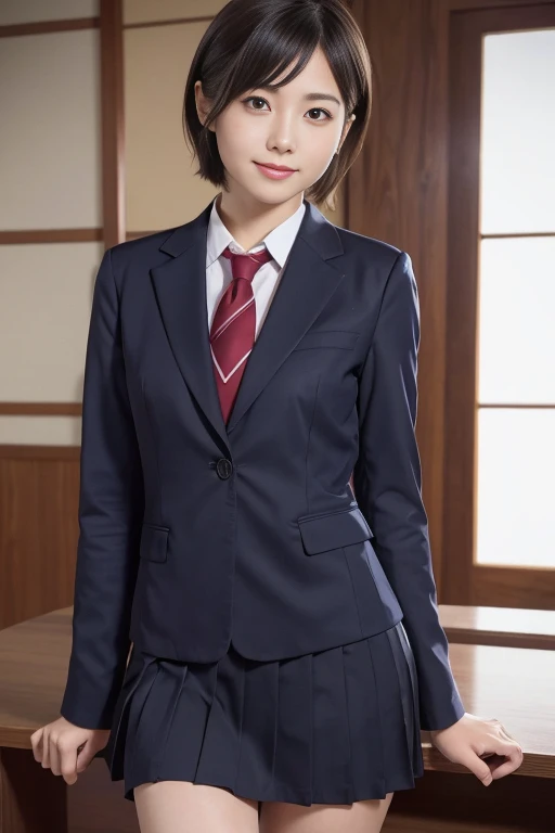 One Woman、((Standing wearing a blazer and miniskirt school uniform))、Primary school students,((small breasts)),Highest quality、Very delicate and beautiful、((Very short bangs))、((Bangs))、明るいつやのある茶色の髪のHighest quality、Very delicate and beautiful、((Very short bangs))、((blunt bangs))、Light shiny brown hair、The hair is light、((Short Bob))、Cute face、Young face、Cute like an idol、Are thin、Slim figure、slender、Short、 body type、((Background is an elementary school classroom))、Thighs、Photographed from the front、bag、