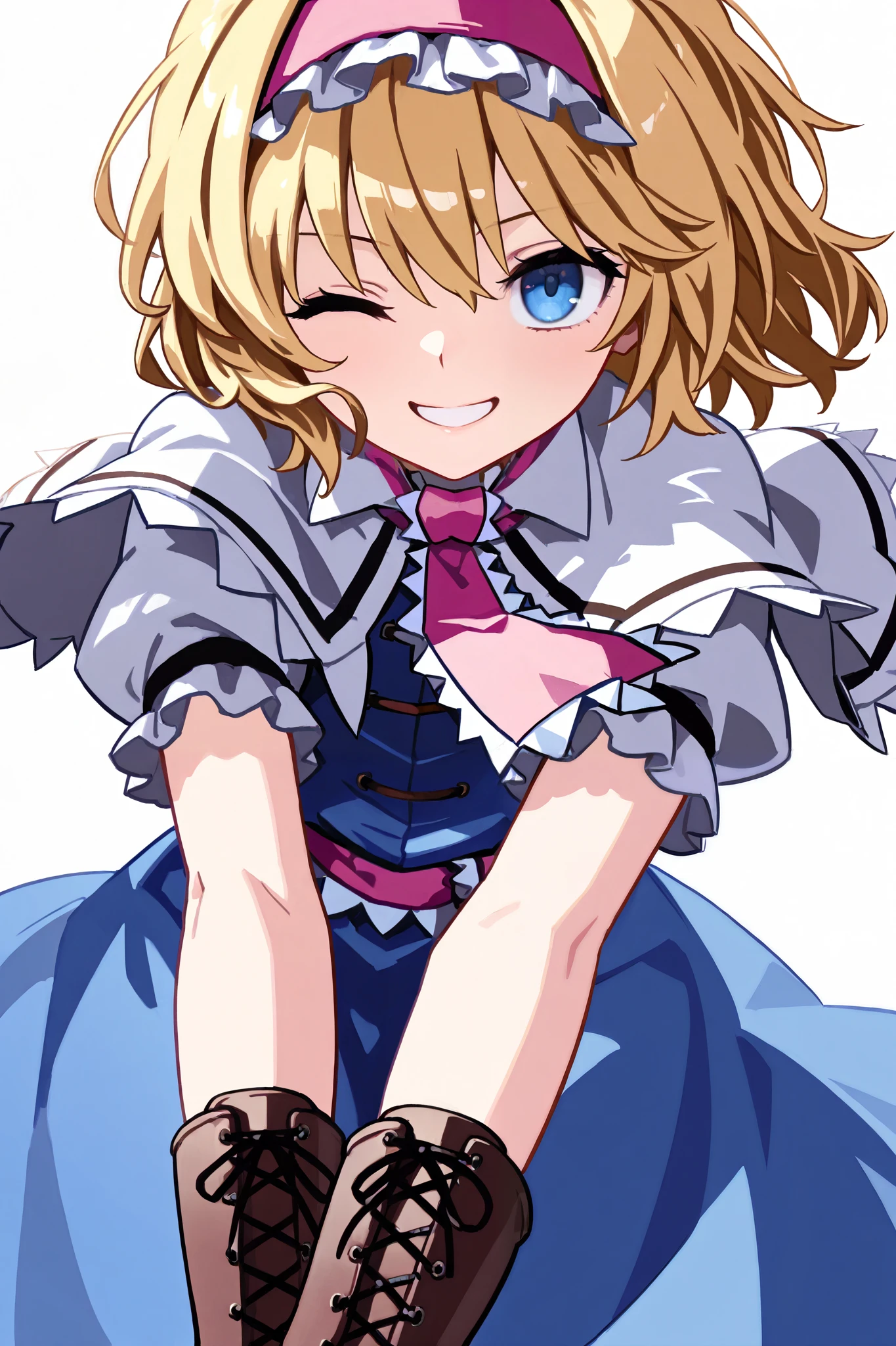 1girl,masterpiece, best picture quality, insanely detailed, aesthetic, 16K, absurd, 18 year old girl, , happy smile with one eye closed, "! and talking, white background, no background, front view, beautiful, cute, super detailed cartoon, top body shot,aliceN
alice margatroid, medium hair, blonde hair, blue eyes, ,red hairband, ta hairband, frilled hairband,
white capelet, blue dress, frilled dress, frilled ascot, red ascot, puffy short sleeves, brown footwear, cross-laced footwear, boots,(upper body closeup:1. 8)