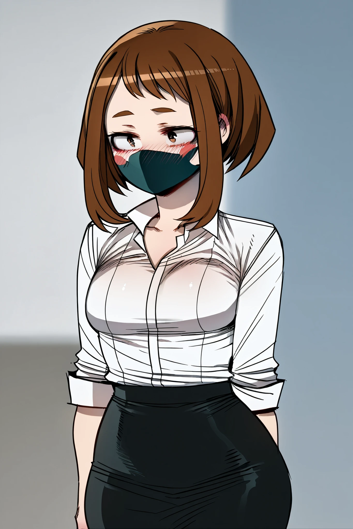 , Ochako Uraraka , Brown Eyes, brown hair, short hair, blush, blush stickers, medium breasts, Hips, white shirt, black skirt, face mask, face mask negro, sexy, +18, ratatatat74