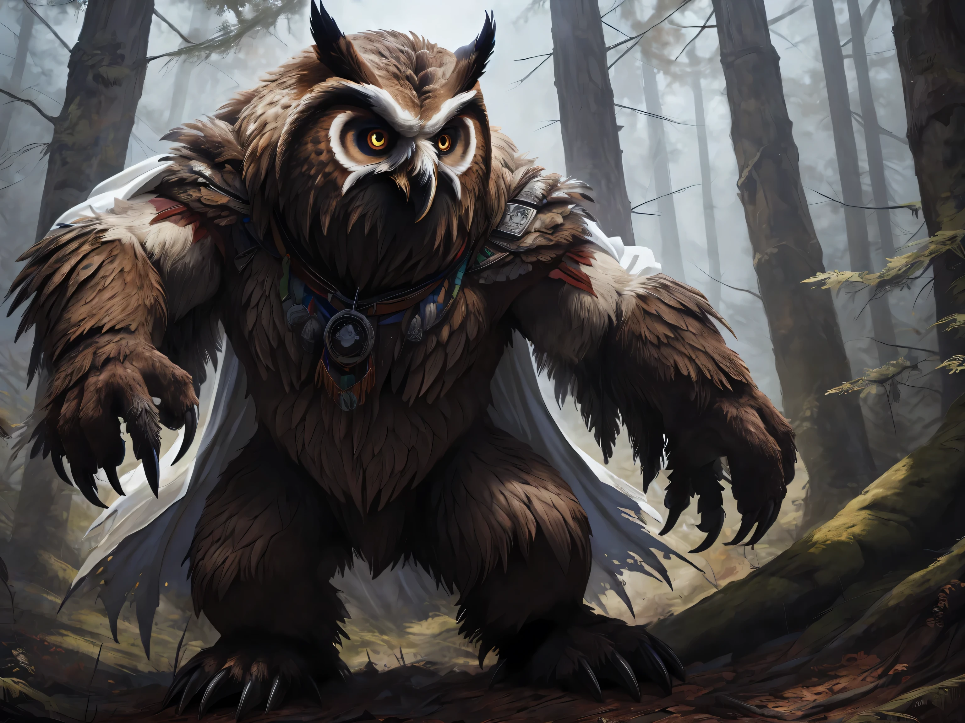 OwlBear, human nature, (White cape), doctor, looking around, in the forest, masterpiece, (16K), HD, Various facial details, detailed background, very detailed, dynamic poses, Eyes details, high resolution, high quality, correct anatomy
