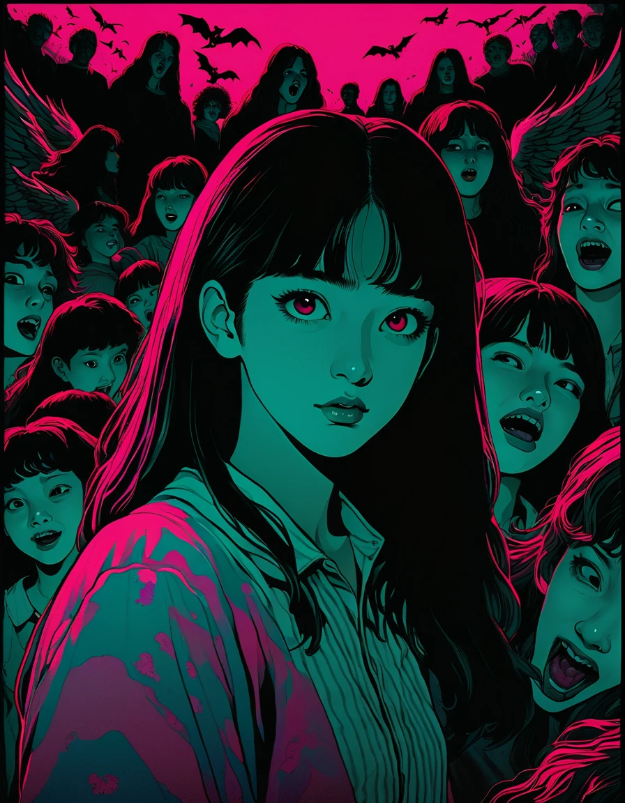 An illustration、art、80s Thai horror movie poster, Supervised by Junji Ito、Attention to detail, Realistic Shadows、Analog Style, chromatic aberration, Surrealism、Complementary Gradient