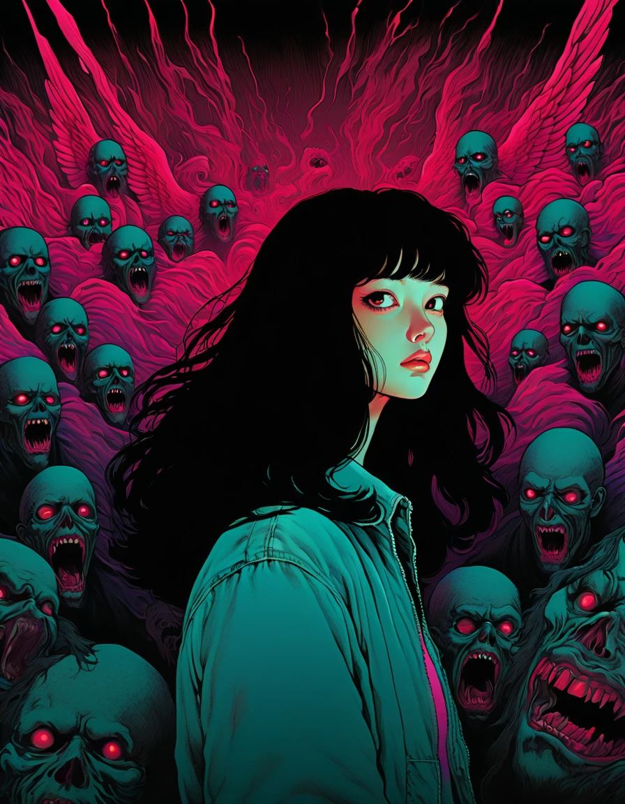 illust、art、from 80s horror movie, directed by Junji Ito、暗いトンネル、Overaction、Overreaction、Acting frightened、high detail, realsitic shadow、Analog style, chromatic aberration, surrealism
