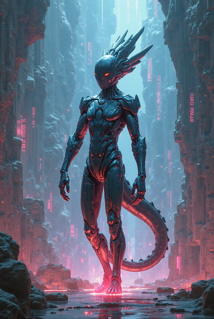 (medium full shot) of (astonishing hybrid creature) with bioluminescent metallic silver skin, bioluminescent patches, leafy hands, alien crest, bioluminescent fins, glowing scales, ethereal wisps, in set in a bleak wasteland, with parched ground and scattered, withered plants, the air heavy with dust and desolation , during twilight, Masterpiece,best quality, photo, realistic, very aesthetic, detailed face,