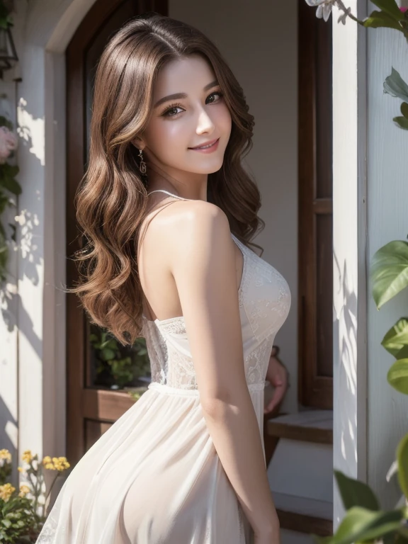 highest quality、4K、Perfect Face、Perfect Style、Sunburn、beautiful、stylish appeal、Mature、long layer curly hair、Swept-back hair、in Greece 、full body, giddy smile、havin a rose bouquet 、 pierce、white one piece、