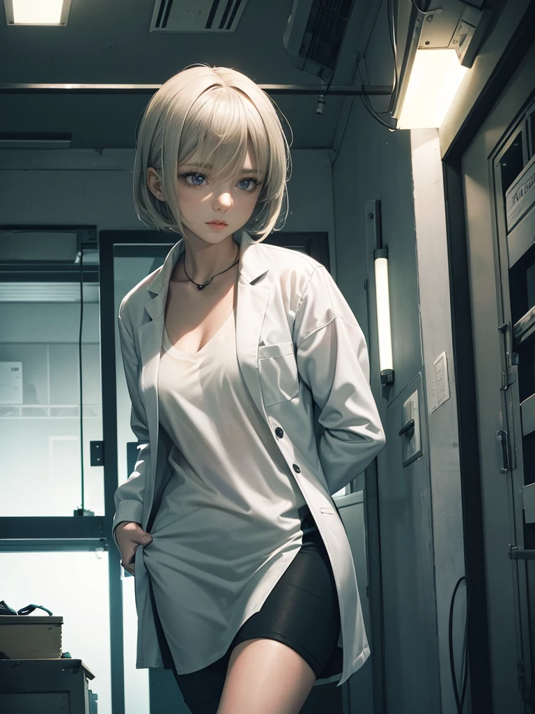 tmasterpiece, Hot lens, ((best qualtiy)), absurderes, Perfect anatomy, Tae Takemi, (Small smile), choker necklace, choker necklace, choker necklace, shift dresses, (:1.3), no-bra, well-defined abdomen, labcoat, standing on your feet, Doctor's office background, sexyposture,(cleavage)