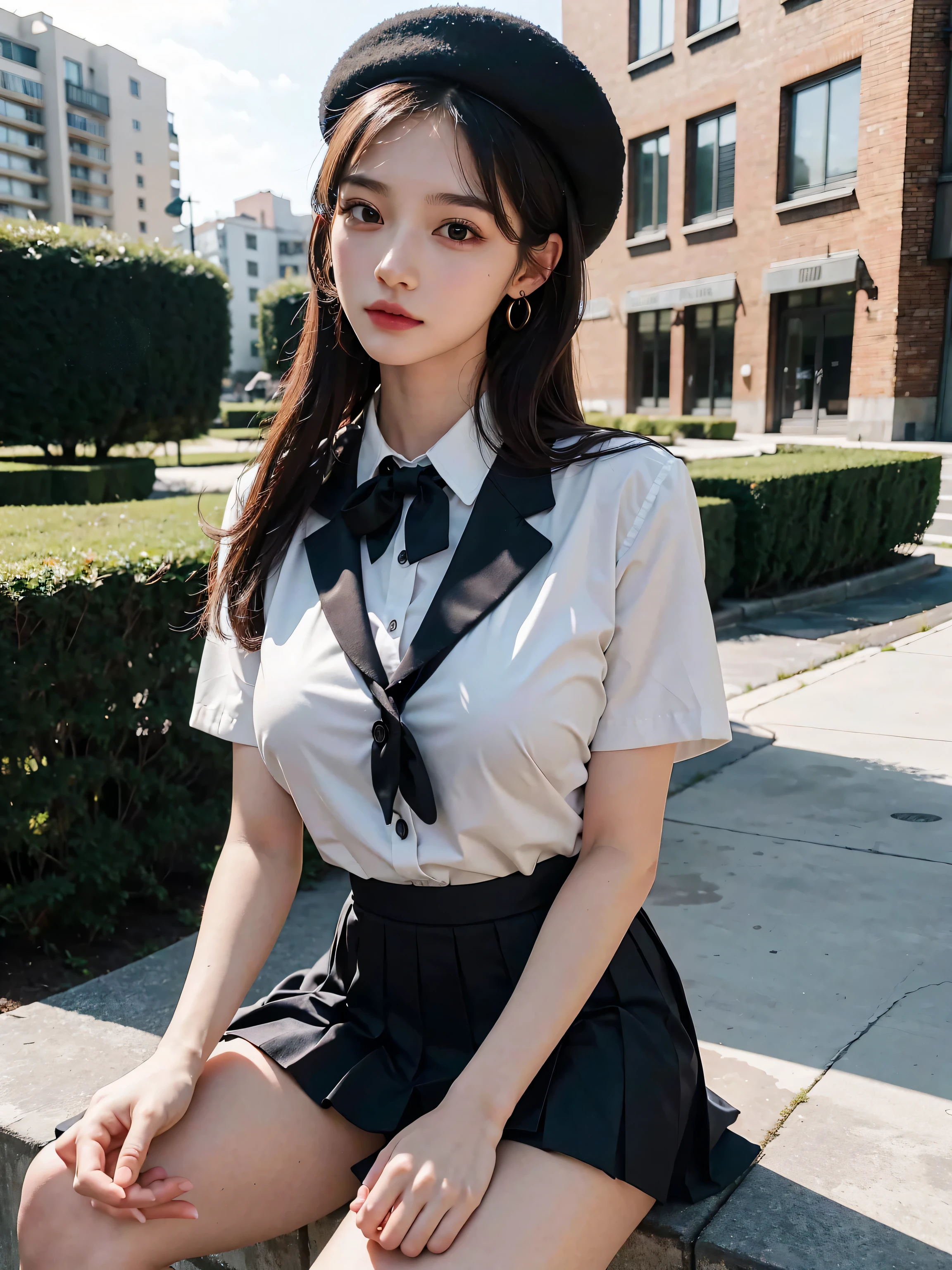 ((Midnight, highest quality, 8k, masterpiece :1.3)), whole body, Long legs, Sharp focus :1.2, Beautiful woman with perfect figure :1.4, Slim Abs :1.1, ((Dark brown hair, Big Breasts :1.2)), (White tight T-shirt, Jean Bib, Are standing:1.2), ((Night city view, rooftop:1.3)), Very detailedな顔と肌の質感, Fine grain, Double eyelids one girl,highest quality,masterpiece,figure,Very delicate and beautiful,CG,Unity,8k wallpaper,wonderful,In detail,masterpiece,Official Art,Very detailed CG Unity 8k wallpaper,Incredibly absurd,Large file size,Very detailedな,High resolution,Very detailed,Beautiful detailed girl,Realistic,from the front,Outdoor,　suspenders　　　Large swollen breasts　　 　 　　　　Black mini skirt　garter belt　Knee-high socks　　　　　　　bangs 　　　　　Beauty　　Hands up　　 　　Black boots 　　　　one person 　　　Dress shirt　　　Hands Behind Back　put your hands behind your back　　With your hands behind your back　Armament　holster　　A room at the Belt Hotel　Bed　Wall side