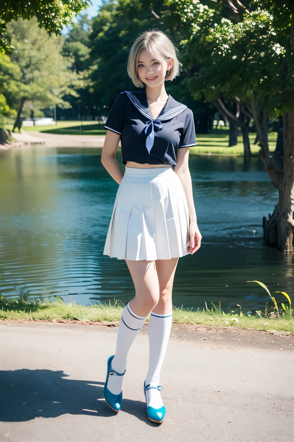 Best quality, full body focus, full body shot, perfect face, soft light, ultra high res, 8k, Masterpiece, , , view the viewer, full body , Front view, (1girl:loli:0.9), , Cute face, (blue eyes:1.5), (Light Blonde Short hair, Bangs), beautiful (Medium breasts:1.3), , Beautiful boob, Beautiful finger, Beautiful hands, Beautiful arms, Beautiful feet, Beautiful legs, (high resolution detail of human skin texture) , ((white Short sleeves sailor uniform, white pleated skirt, knee-high socks, white with lace trim, white pin high heels)), , Summer, lake Side,, , (( standing, , smiling, nose blush) , )) , ,score_9, solo, no bra, no panties, ,