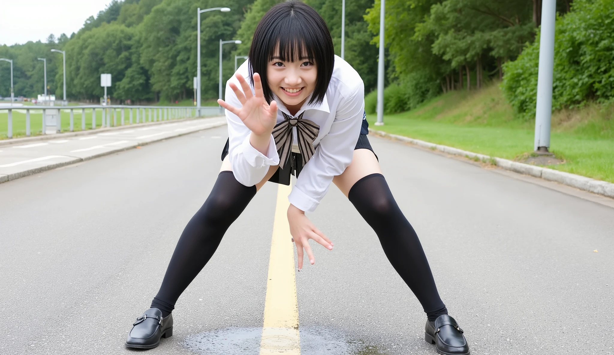A high resolution photograph of a Japanese young woman, fashion shoot, full body, face focus, black hair with bangs, snow-like skin, fine-textured skin, (school uniform, black thighhighs, loafers), (peeing self while standing leaning forward with spread legs apart, feet apart:1.3), urine puddle, (gyaru v with hand), joyful expression, looking at the camera, (front view, view from below), detailed hand, detailed fingers, perfect hand, outdoors,