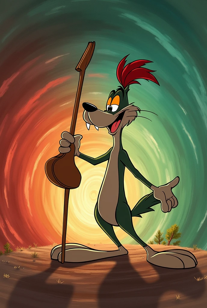 A background where the gradation of emerald green and red swirls violently、Looney tunes、Weil Ether Elbert Coyote Road Runner twirls his eyes round and round、
masterpiece, has won numerous awards, American style promotional poster, high definition model, old chevy impala 64 smilemark hippie flash