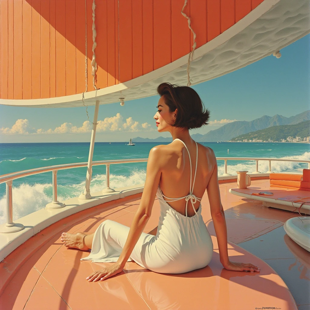 35mm film photography low wide angle White yacht party in pinup style in the blue sea sunny day luxury