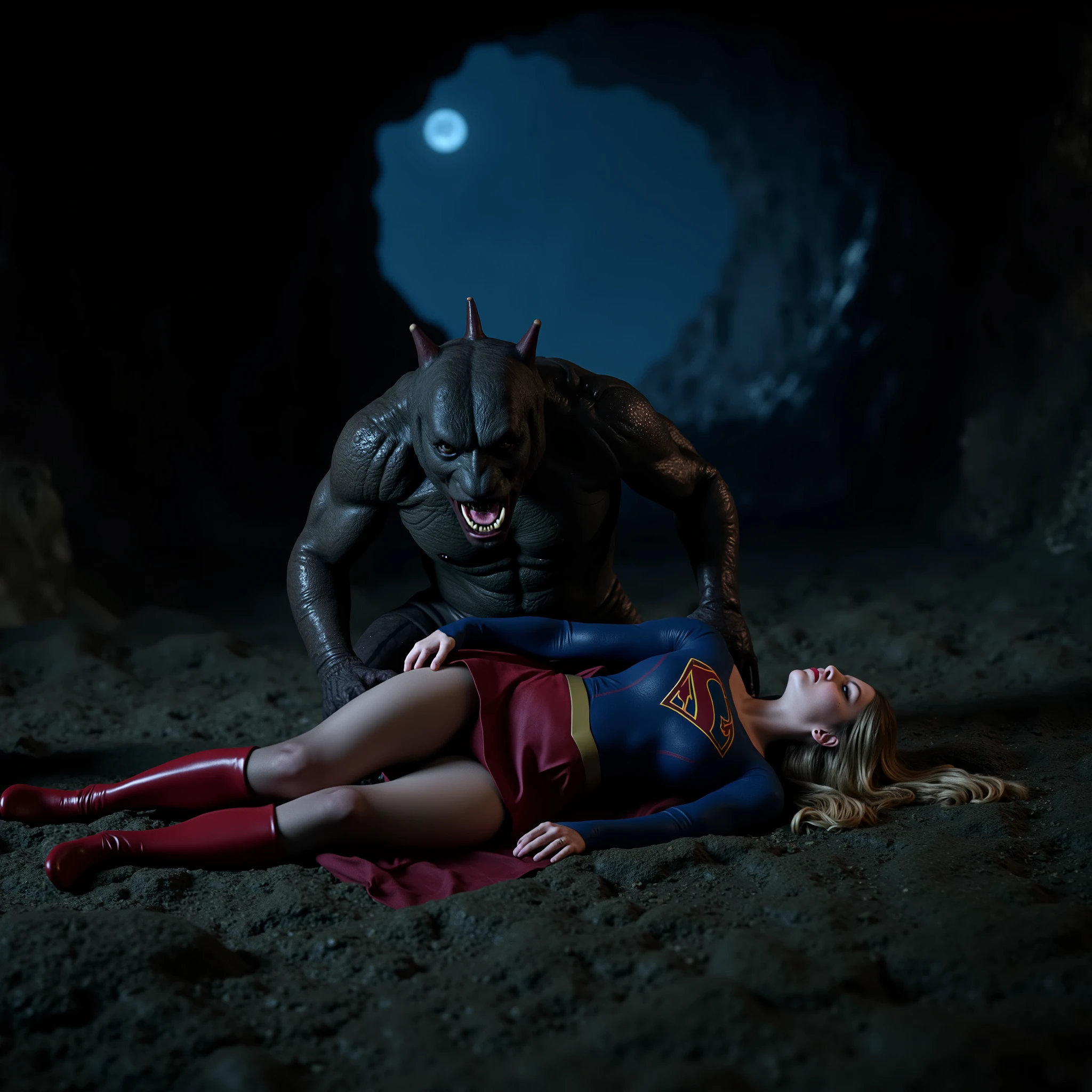 Supergirl is lying flat on the dirt, very bright white skin, her legs are spread out wide, can see whole body, She is wearing a thin black pantyhose, short red skirt, red knee height long boots, blonde hair, unconsciousness, eyes close, seriously injured, painful, a fierce monster is kneeling attach to Supergirl body between her legs, photorealistic, hyperrealism, night time, underground cave,