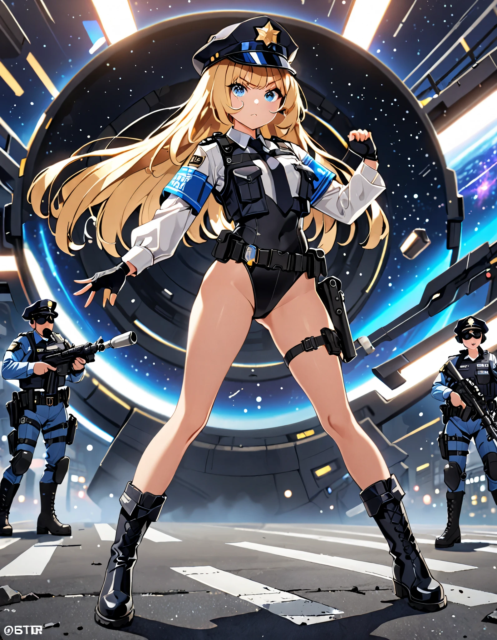 (masterpiece), (best quality), (high res), 1girl, tall body, ((long hair, blonde hair, bangs)), (blue eyes), beautiful detailed eyes, beautiful detailed face, cute face, (perfect hands, complete fingers), perfect anatomy, perfect proportions, ((hat, jet black police hat)), ((leotard, matching leotard, bare legs)), ((boots, matching boots)), breasts, medium breasts, (tactical headset), fingerless gloves, (full body portrait), looking at viewer, solo, solo focus, aggressive action pose, police uniform, shoulder pads, cowboy shot, galactic street backdrop, outdoors, (high-waisted belt, tight belt), (armbands, white sleeves), holster, ahoge, using dl44blstr, serious expression, shootout, blaster bolts, full body costume design. (fix hands)