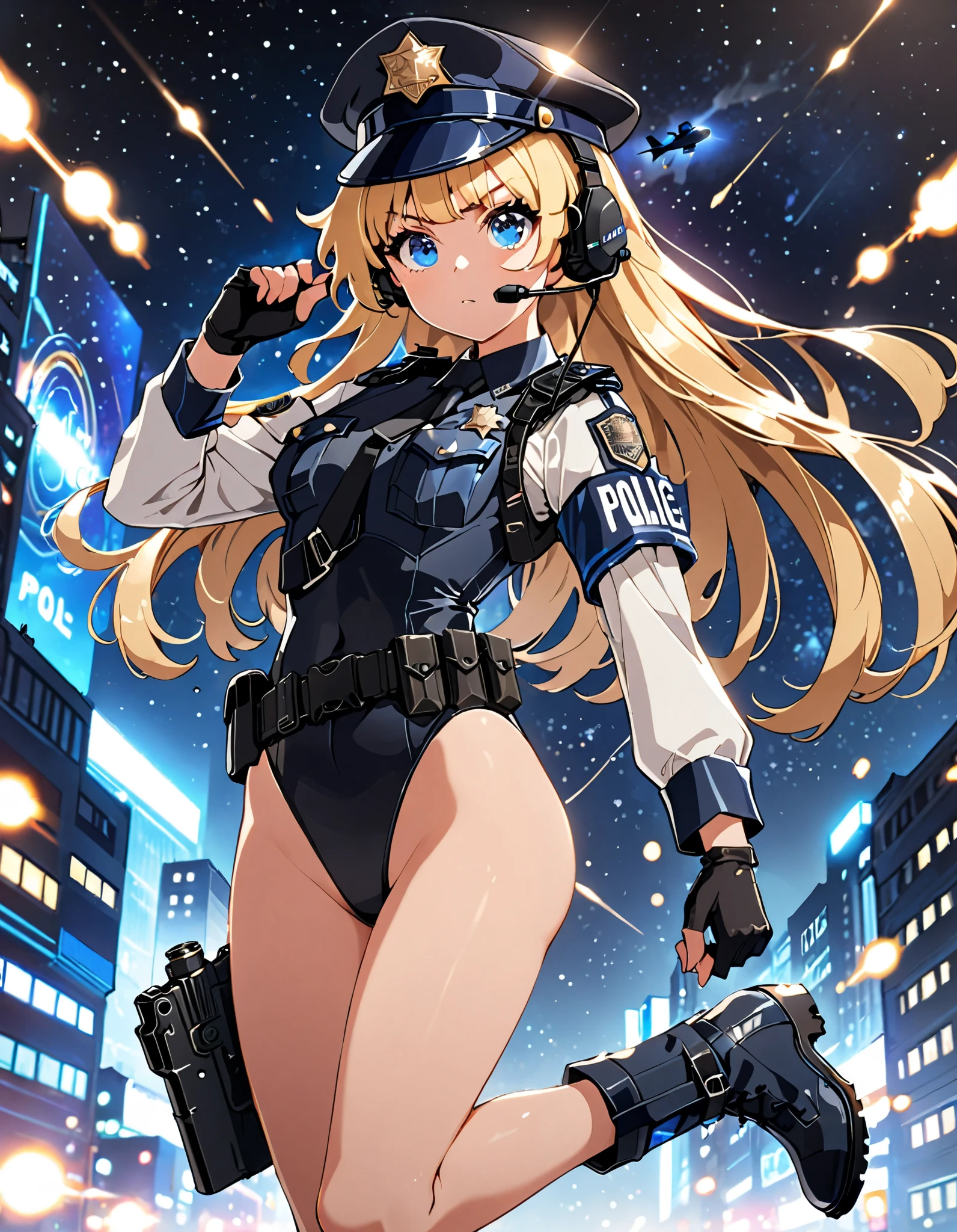 masterpiece, best quality, 1girl, tall body, beautiful detailed eyes, beautiful detailed face, cute face, perfect hands, complete fingers, perfect anatomy, perfect proportions, ((hat, police hat)), ((leotard, matching leotard, bare legs)), ((boots, matching boots)), breasts, medium breasts, covered navel, fingerless gloves, (full body portrait), looking at viewer, solo, solo focus, standing, ValkyriePoliceStudent, cowboy shot, space station backdrop