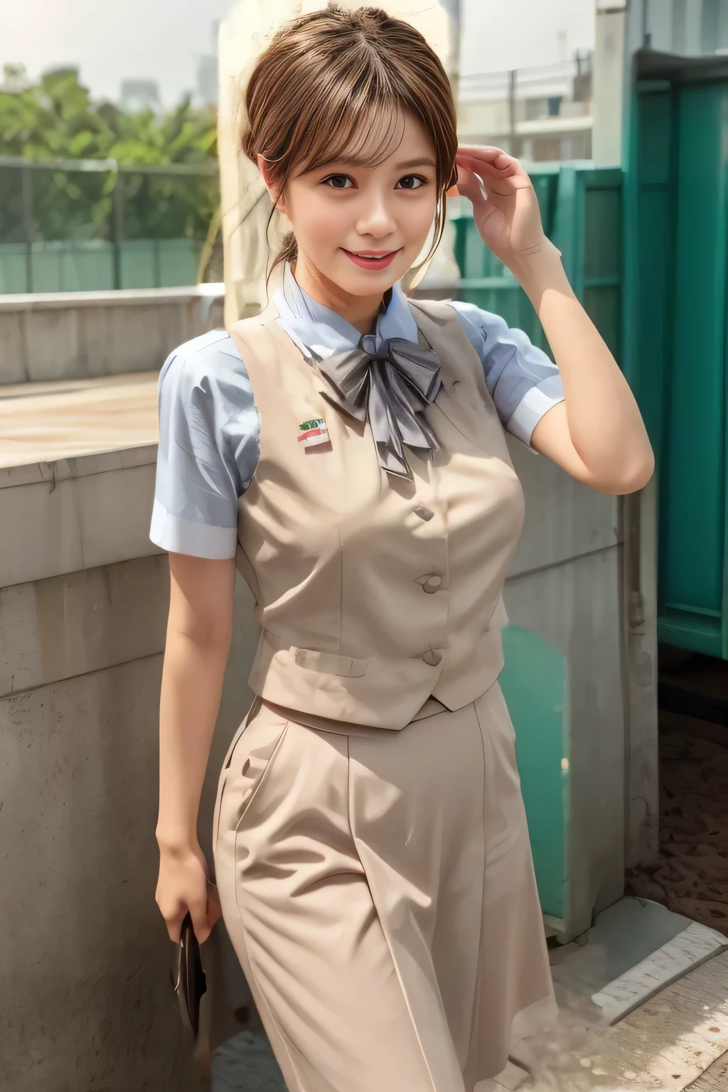 (masterpiece:1.2, Highest quality:1.2), 32kHDR, Hi-Res, (alone、1 girl)、(Rooftop of a building during the day、 professional lighting)、Building rooftop background、(JR WOMAN TRAIN CREW UNIFORM BEIGE REAL STYLE)、((JR Woman Train Crew Uniform Beige Light Blue Blouse Short Sleeve 、 Knee-length culottes skirt、 beige vest、 scarf))、dark brown hair、(long hair、 with hair tied up、 with hair tied up)、dark brown hair、Long Hit、Big Breasts、 Read more、(( amazing hands:2.0)),((A harmonious body shape:1.5)),((Normal limbs:2.0)),((Usually refers to:2.0)),(( Delicate Eyes:2.0)),((Normal eyes:2.0)))、smile、(JR Woman Train crew uniform beigeのKnee-length culottes skirtを見せた美しい立ち姿)、Hands clasped underneath