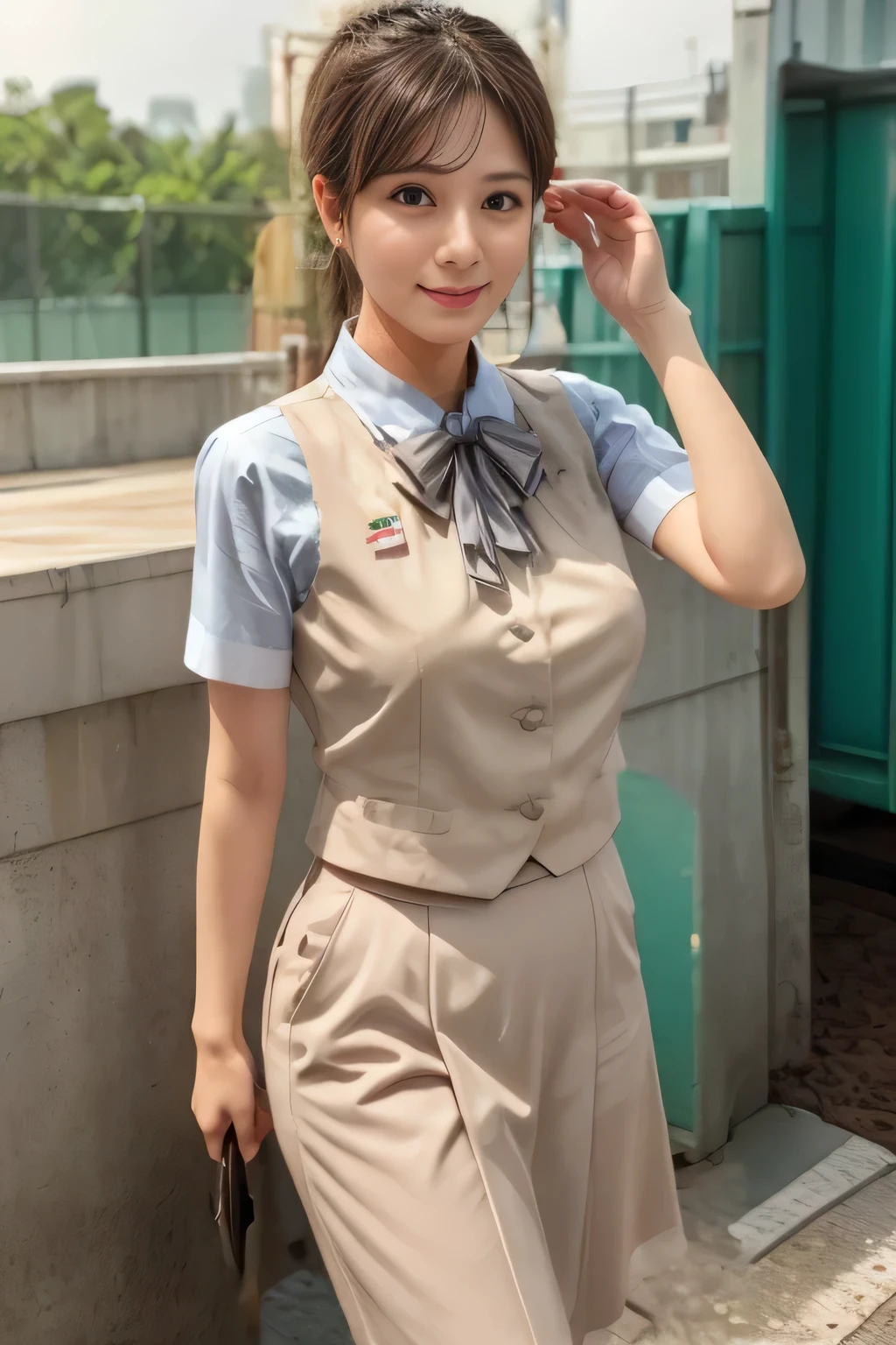 (masterpiece:1.2, Highest quality:1.2), 32kHDR, Hi-Res, (alone、1 girl)、(Rooftop of a building during the day、 professional lighting)、Building rooftop background、(JR WOMAN TRAIN CREW UNIFORM BEIGE REAL STYLE)、((JR Woman Train Crew Uniform Beige Light Blue Blouse Short Sleeve 、 Knee-length culottes skirt、 beige vest、 scarf))、dark brown hair、(long hair、 with hair tied up、 with hair tied up)、dark brown hair、Long Hit、Big Breasts、 Read more、(( amazing hands:2.0)),((A harmonious body shape:1.5)),((Normal limbs:2.0)),((Usually refers to:2.0)),(( Delicate Eyes:2.0)),((Normal eyes:2.0)))、smile、(JR Woman Train crew uniform beigeのKnee-length culottes skirtを見せた美しい立ち姿)、Hands clasped underneath