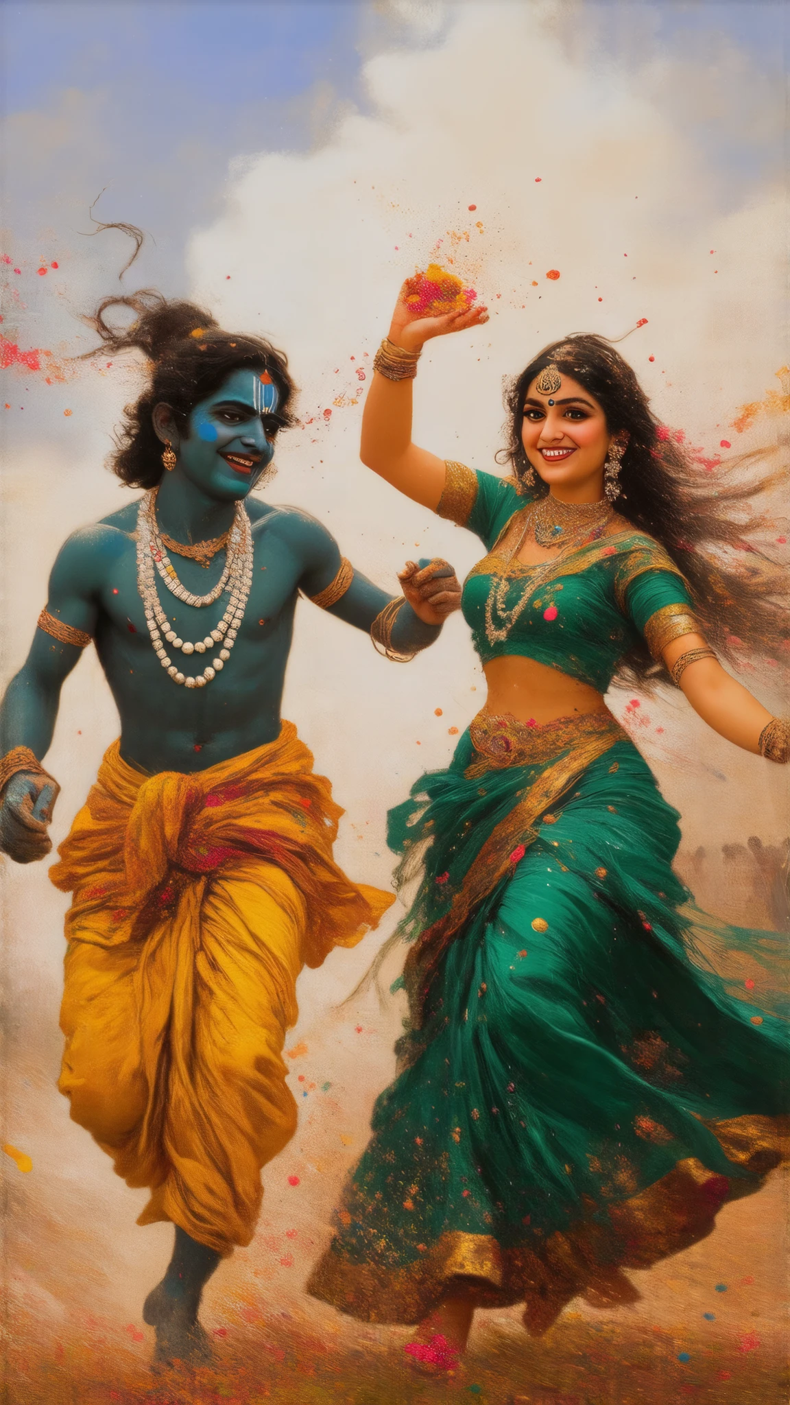 Create an image of Lord Krishna and his beloved Radha Rani. Both Krishna and Radha are in the form of ren. Both are celebrating the ancient Hindu festival of Holi. Krishna is wearing a yellow dhoti and a pearl necklace. Radha is wearing a green lehenga blouse. Krishna is running after Radha Rani with gulaal in his hand. Both have smiles on their faces. An old Hindu-style village should be in the background. Clouds of colourful dust are in the background and gulaal is flying in the air.