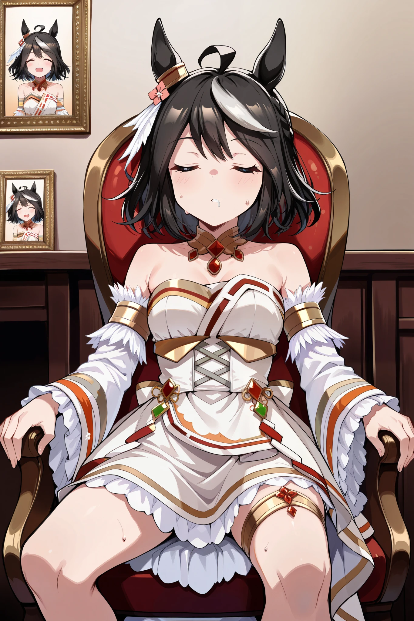 ( masterpiece, Ultra High Precision, 16k, RAW photo, complicated), (sharp concentration, Crisp details), (Wide range of colors, Vivid details), Noise reduction, 1 girl , (( Kitasan Black \( Uma Musume\)), (with closed eyes, sleeping), (chair, open your legs), ( Official Costume), (whiteいパンティが見える:1.9), skirt, sweat, Weakness:1.5, drool, (shot by Cowboy), white, Jubilant Star Kisshogaku , Long Sleeve, white毛皮の襟, armlet, white strapless japanese dress , Parallel side straps