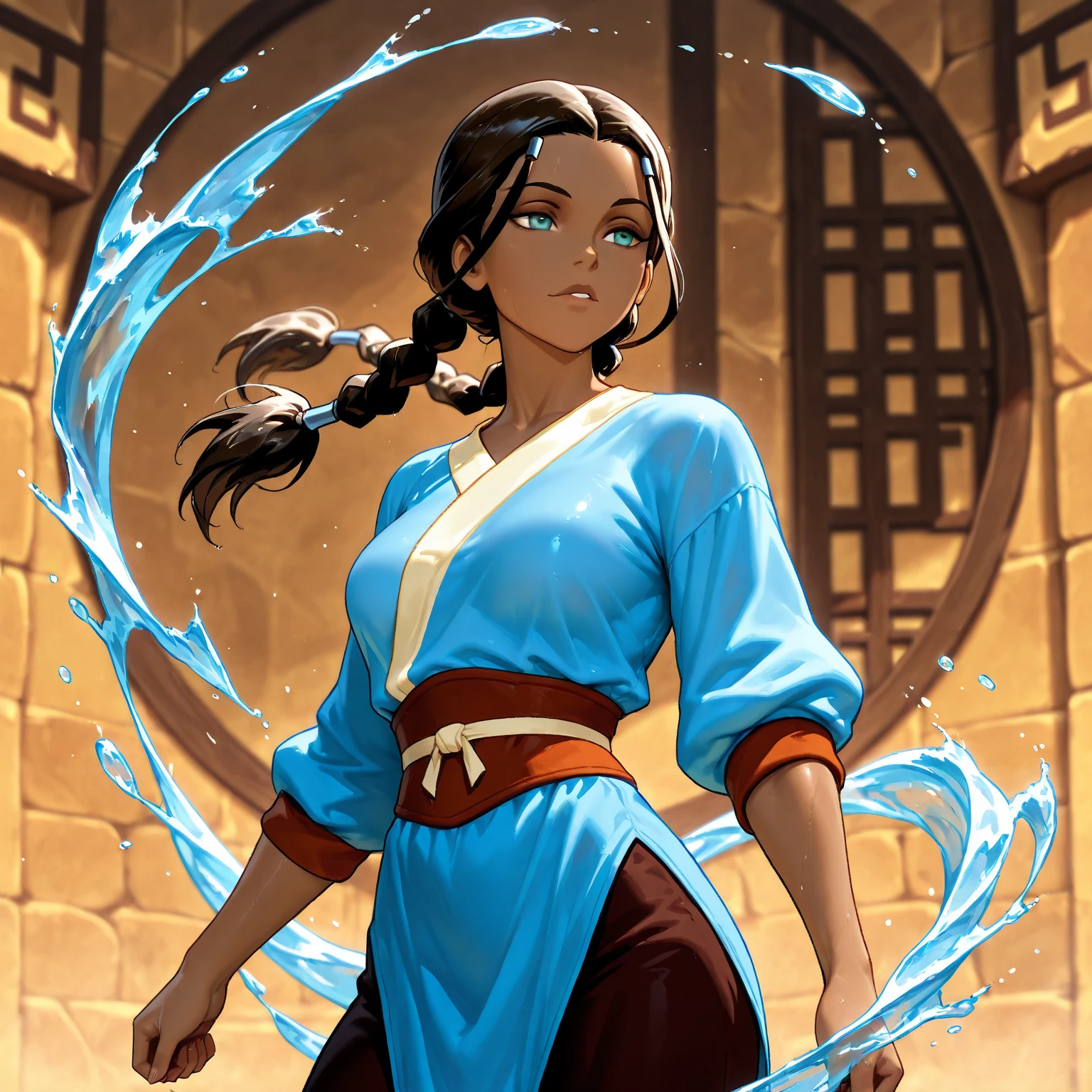 Stunningly attractive woman, Katara, water bending Avatar: The Last Airbender, High Resolution, Masterpiece, glistening, impeccable physical shape, casual clothing, different hairstyles, Solo, 1girl,