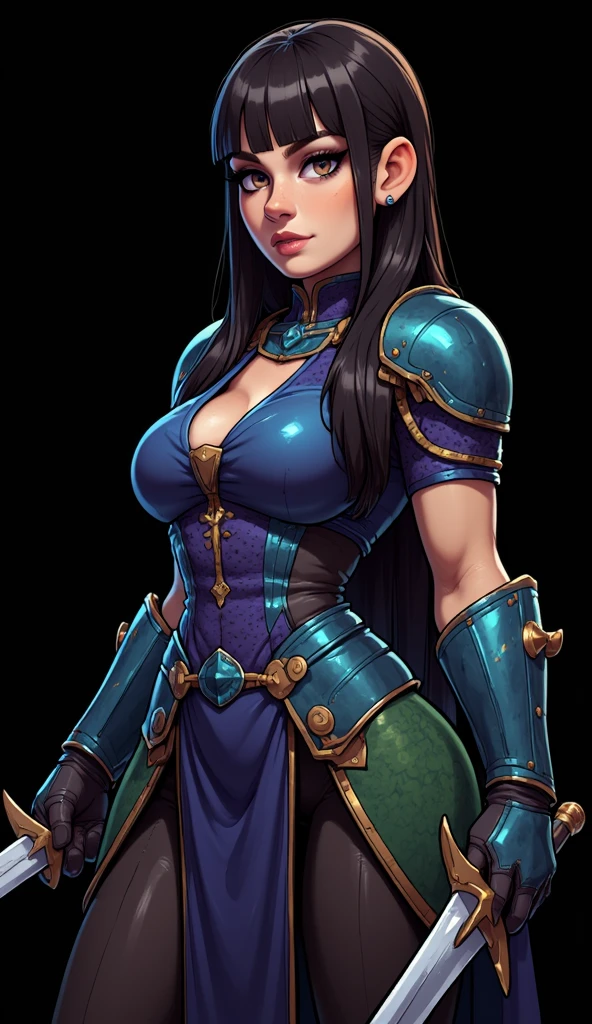 (((mulher))), (((melhor qualidade))), (((obra prima))), (((adulto))), violeta, A 30-year-old gladiator woman with an athletic body, (((sozinho))), (((1girl))) , Gladiadores do Brooklyn, quase nua no estilo selvagem urbano de Simon Bisley para a capa da revista Heavy Metal, cabelos pretos com ponytail, Minimum clothing, Halftone viollet and white pattern, armadura, cheio de pontas e rebites, tatuagem Yakuza, (((do joelho pra cima))), cabelo bob haircut