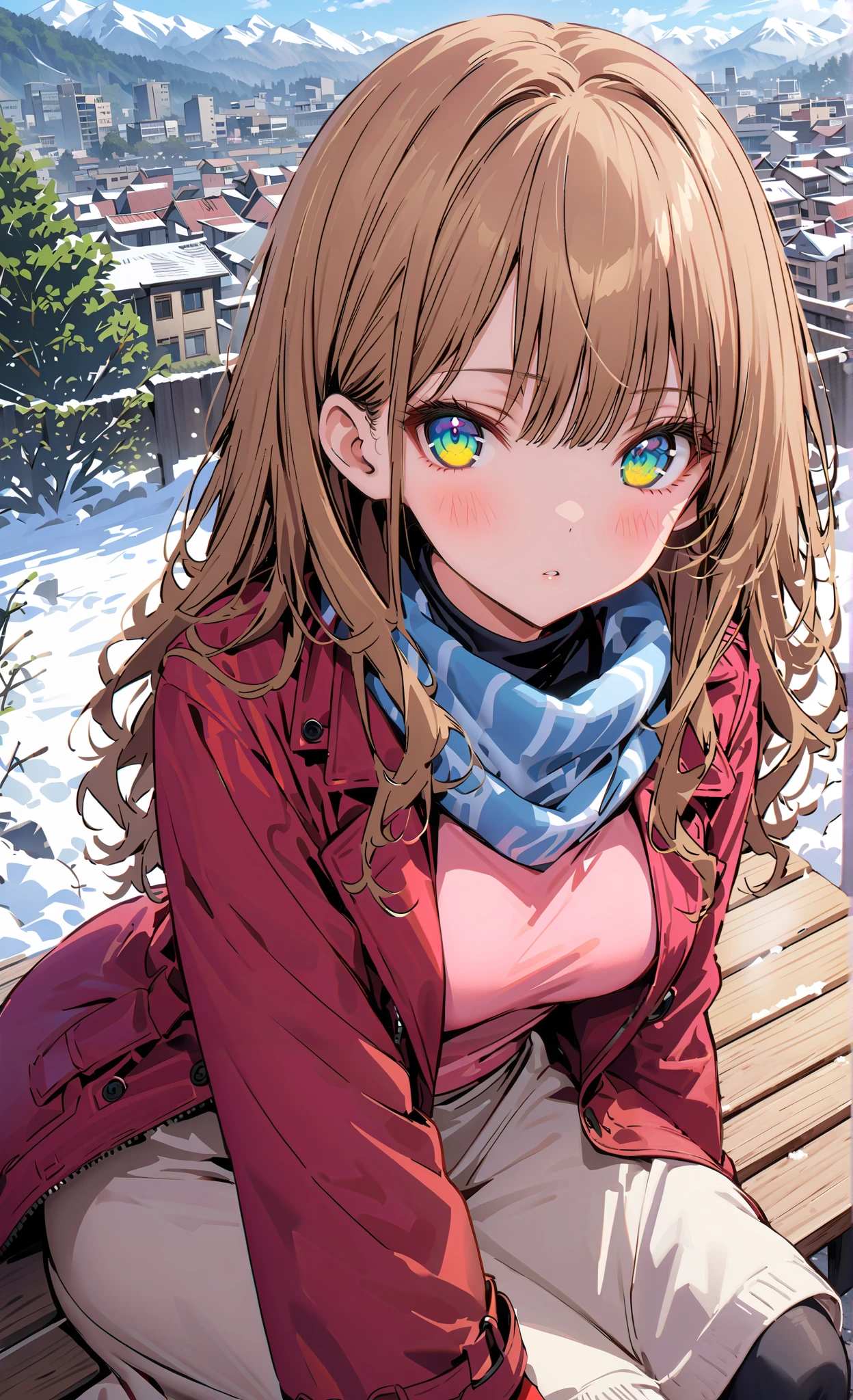  score_9,  score_8_up,  score_7_up,  source_anime, Minami Yume, long hair, brown hair, green eye, bangs,Medium breast,blush,opening from the front,white breath,trench coat,half updo,(sweater  :1.2),( turtleneck:1.2),blue scarf , white long skirt, Bbo~,red gloves ,sitting on a bench,as if my whole body were in the illustration,snow,Cold Sky,Beautiful cityscape,Dead feeling,full bodyがイラストに入るように,                    break outdoors,garden,
break looking at viewer,full body,
break (masterpiece:1.2),Highest quality , kampala, Unity 8K Wallpaper ,(shape:0.8),(  fine, beautiful eyes  :1.6),It's a person ,full body写真,CG Details , (perfect hands, complete anatomy),