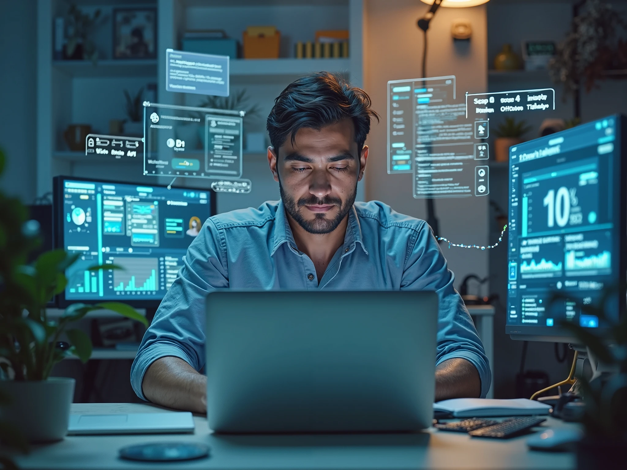 Ai, Artificial intelligence, Man uses laptop to access artificial intelligence tools for content Creation, Chatbots, Image generation, Coding, Translation, and Digital advertising solutions