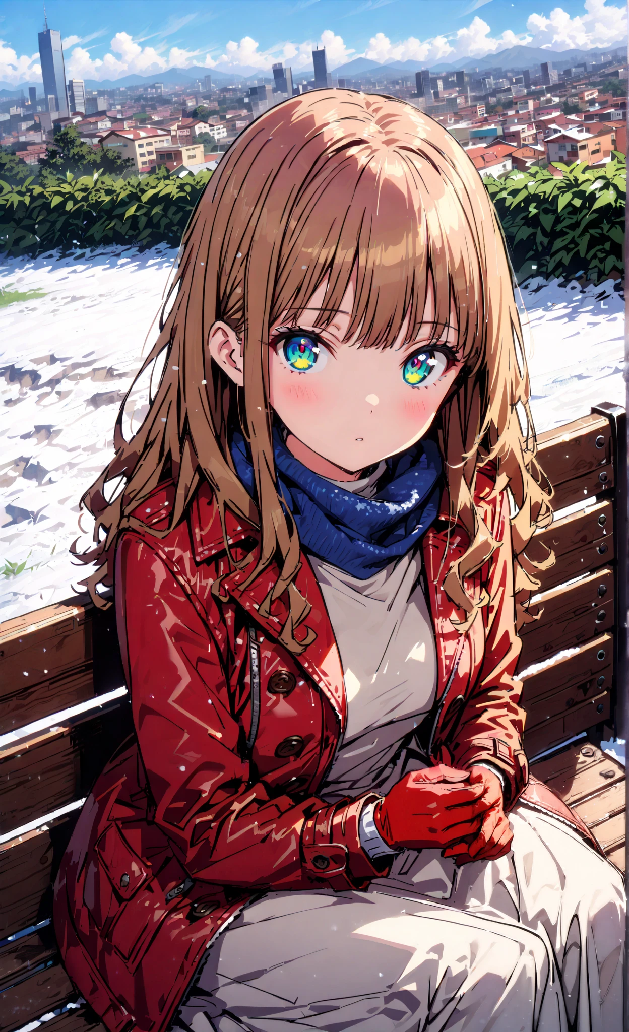  Minami Yume, long hair, brown hair, green eye, bangs,Medium breast,blush,opening from the front,white breath,trench coat, half up do,(sweater  :1.2),( turtleneck:1.2),blue scarf , white long skirt, Bbo~,red gloves ,sitting on a bench,as if my whole body were in the illustration,snow,Cold Sky,Beautiful cityscape,Dead feeling,full bodyがイラストに入るように,                    break outdoors,garden,
break looking at viewer,full body,
break (masterpiece:1.2),Highest quality , kampala, Unity 8K Wallpaper ,(shape:0.8),(  fine, beautiful eyes  :1.6),It's a person ,full body写真,CG Details , (perfect hands, complete anatomy),