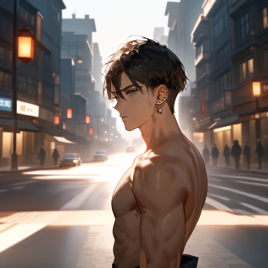 The 15-year-old boy with short, El cabello lacio se ve curiosamente, the bare back but dressed in typical clothes of ancient Egypt with dark skin is lost in the different streets of a city