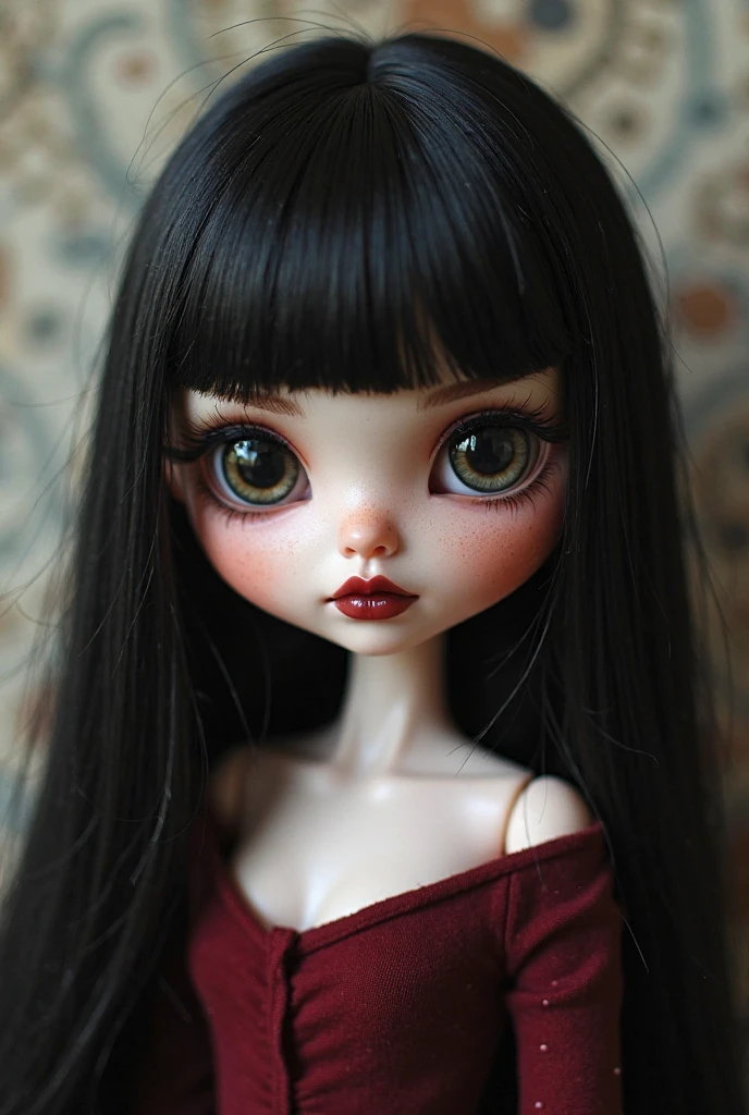 blythe doll with brown eyes and has long black hair, curtain bangs, brown skin, looks dead inside, corecore