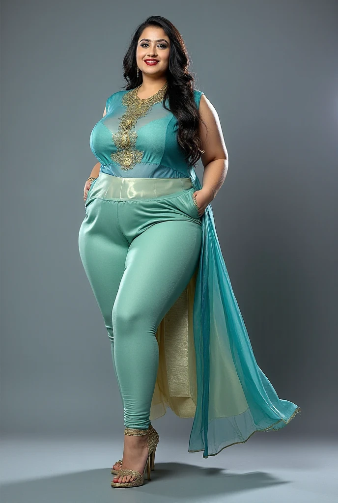 Office scene, A radiant, full-figured South Indian 35 year old aunty a blue colour  fully transparent chiffon skirt and black colour fully transparent chiffon shirt, captured in a full-body image with vibrant hues and meticulous details. Full body image
