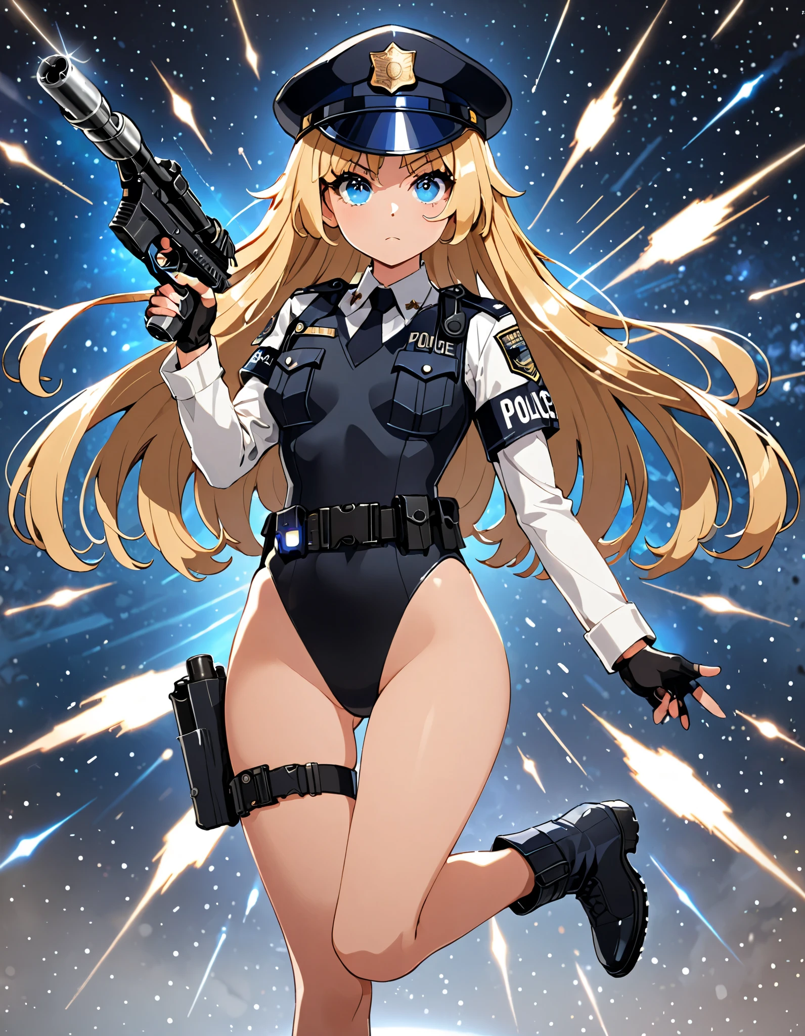 (masterpiece), (best quality), (high res), 1girl, tall body, ((long hair, blonde hair, bangs)), (blue eyes), beautiful detailed eyes, beautiful detailed face, cute face, (perfect hands, complete fingers), perfect anatomy, perfect proportions, ((hat, jet black police hat)), ((leotard, matching leotard, bare legs)), ((boots, matching boots)), breasts, medium breasts, (tactical headset), fingerless gloves, (full body portrait), looking at viewer, solo, solo focus, aggressive action pose, police uniform, shoulder pads, cowboy shot, galactic street backdrop, outdoors, (high-waisted belt, tight belt), (armbands, white sleeves), holster, ahoge, (using dl44blstr pistol), serious expression, shootout, blaster bolts, full body costume design. (fix hands)