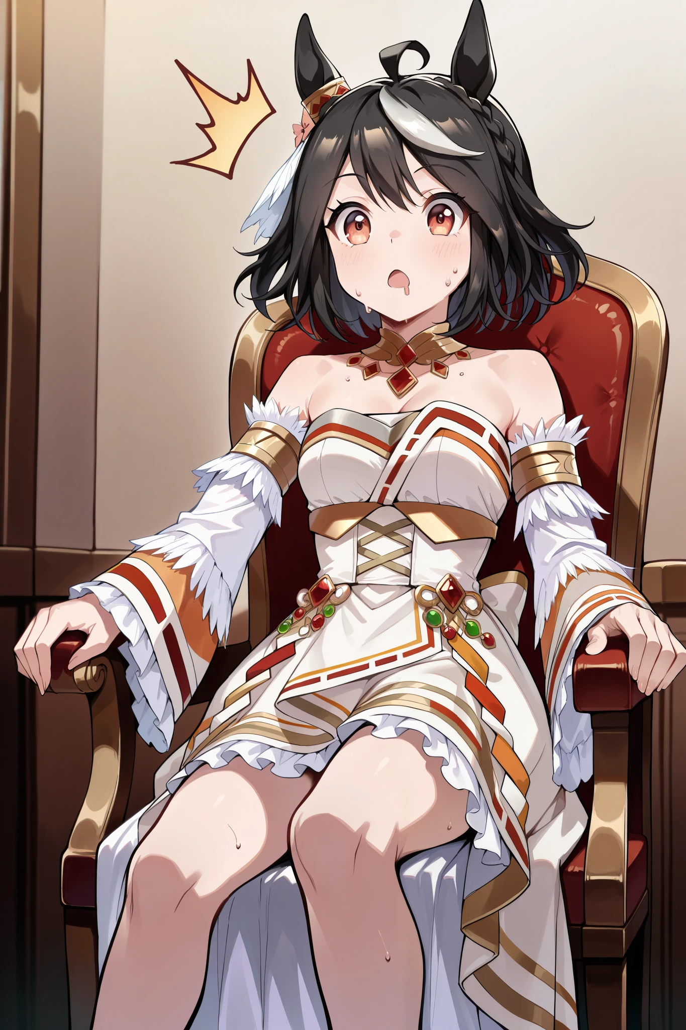 ( masterpiece, Ultra High Precision, 16k, RAW photo, complicated), (sharp concentration, Crisp details), (Wide range of colors, Vivid details), Noise reduction, 1 girl , (( Kitasan Black \( Uma Musume\)), (One closed eye, surprised face), (chair, open your legs), ( Official Costume), (whiteいパンティが見える:1.9), skirt, sweat, Weakness:1.5, drool, (shot by Cowboy), white, Jubilant Star Kisshogaku , Long Sleeve, white毛皮の襟, armlet, white strapless japanese dress , Parallel side straps