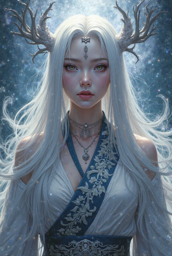 ((Snow and wind were blowing violently on the night of the blizzard)) the snow spirit appeared, The spirit is very beautiful, wearing a white kimono, the skin is translucent white, the hair is long and black, the eyes shine blue, and the strong wind is violently shaking the long black hair of the spirit, In the dark, Only the genie is illuminated, very fantastic, the genie is pure white and beautiful face, lonely pale face, eyes look lonely, white dragon background in a blizzard Interweave mandalas with photorealistic, zentangle, watercolor, wet-on-wet or splatter techniques, full shot, center, perfect composition, abstract, surrealism, masterpiece, highest quality, ultra detail, HDR, 8K