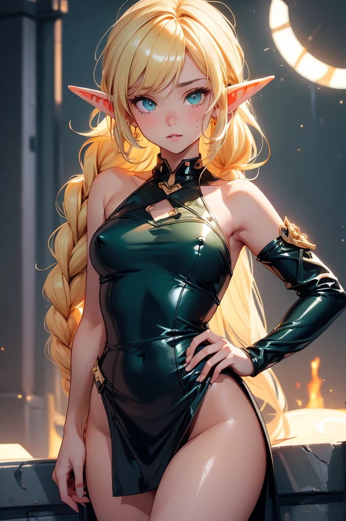 a portrait of a elf girl with freckles and bright striking blue eyes posing for a photo,full body, bare shoulders, muscular, fit, defined abs, thongs, (prominent cameltoe) white freckles, long flowing green hair flying, glowing radiance, beautiful pale makeup, color portrait, stunning portrait, elegant freckles, wearing black thongs with glowing runes of power, black gloves, star-shine, gold dust spread across her skin and her face, (dark, hyper-realistic photos (((portrait))) refraction ,Dark background of magical night forest, deep woods, towering ruins, starlight skies