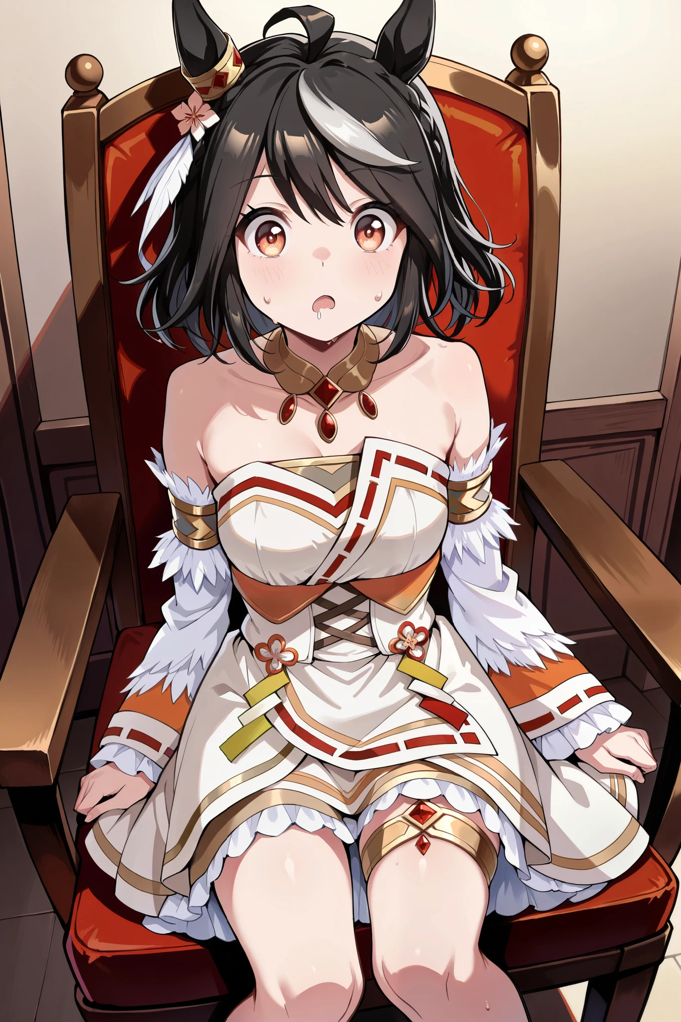 ( masterpiece, Ultra High Precision, 16k, RAW photo, complicated), (sharp concentration, Crisp details), (Wide range of colors, Vivid details), Noise reduction, 1 girl , (( Kitasan Black \( Uma Musume\)), (eyes that are half closed, Sleepy eyes:1.5), ( surprised face), (chair, open your legs), ( Official Costume), (whiteいパンティを見せる:1.9), skirt, sweat, Weakness:1.5, drool, (shot by Cowboy), white, Jubilant Star Kisshogaku , Long Sleeve, white毛皮の襟, armlet, white strapless japanese dress , Parallel side straps