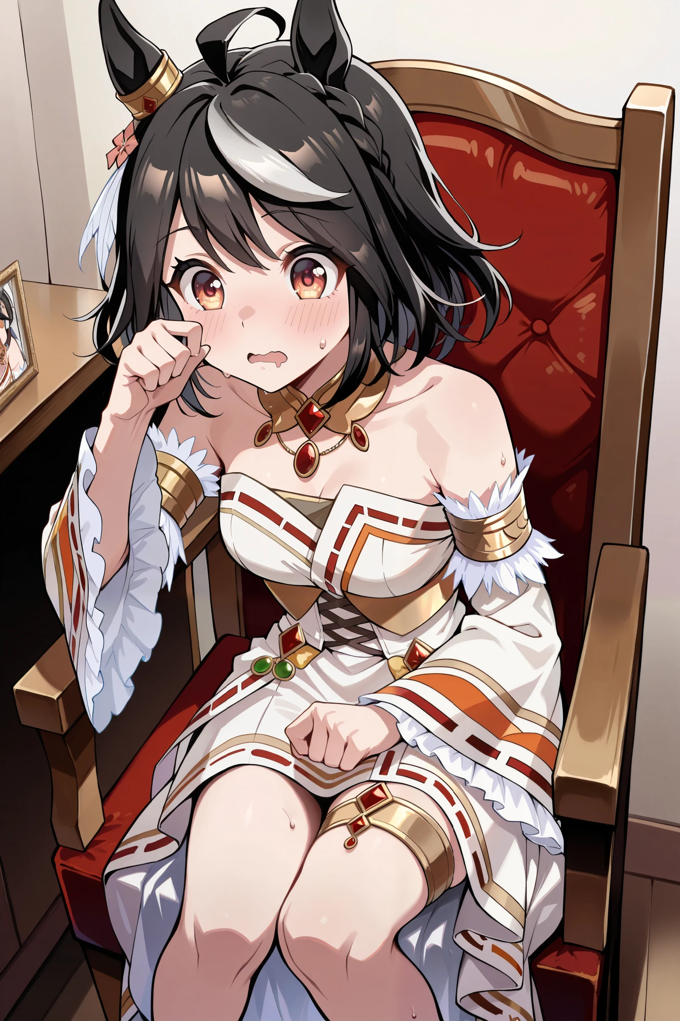 ( masterpiece, Ultra High Precision, 16k, RAW photo, complicated), (sharp concentration, Crisp details), (Wide range of colors, Vivid details), Noise reduction, 1 girl , (( Kitasan Black \( Uma Musume\)), (eyes that are half closed, Sleepy eyes:1.5), (embarrassed face), (chair, open your legs), ( Official Costume), (whiteいパンティを見せる:1.9), skirt, sweat, Weakness:1.5, drool, (shot by Cowboy), white, Jubilant Star Kisshogaku , Long Sleeve, white毛皮の襟, armlet, white strapless japanese dress , Parallel side straps