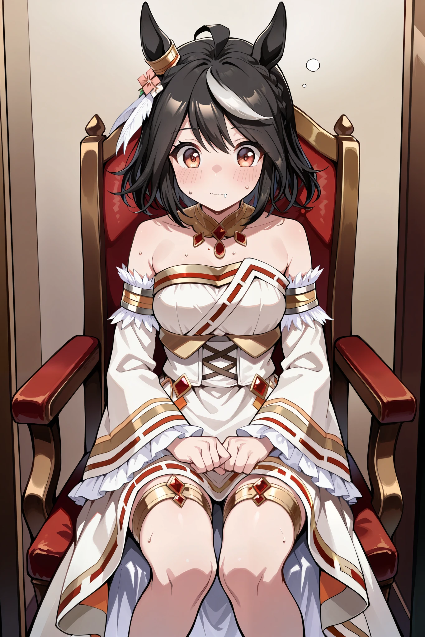 ( masterpiece, Ultra High Precision, 16k, RAW photo, complicated), (sharp concentration, Crisp details), (Wide range of colors, Vivid details), Noise reduction, 1 girl , (( Kitasan Black \( Uma Musume\)), (eyes that are half closed, Sleepy eyes:1.5), (embarrassed face), (chair, open your legs), ( Official Costume), (whiteいパンティを見せる:1.9), skirt, sweat, Weakness:1.5, drool, (shot by Cowboy), white, Jubilant Star Kisshogaku , Long Sleeve, white毛皮の襟, armlet, white strapless japanese dress , Parallel side straps