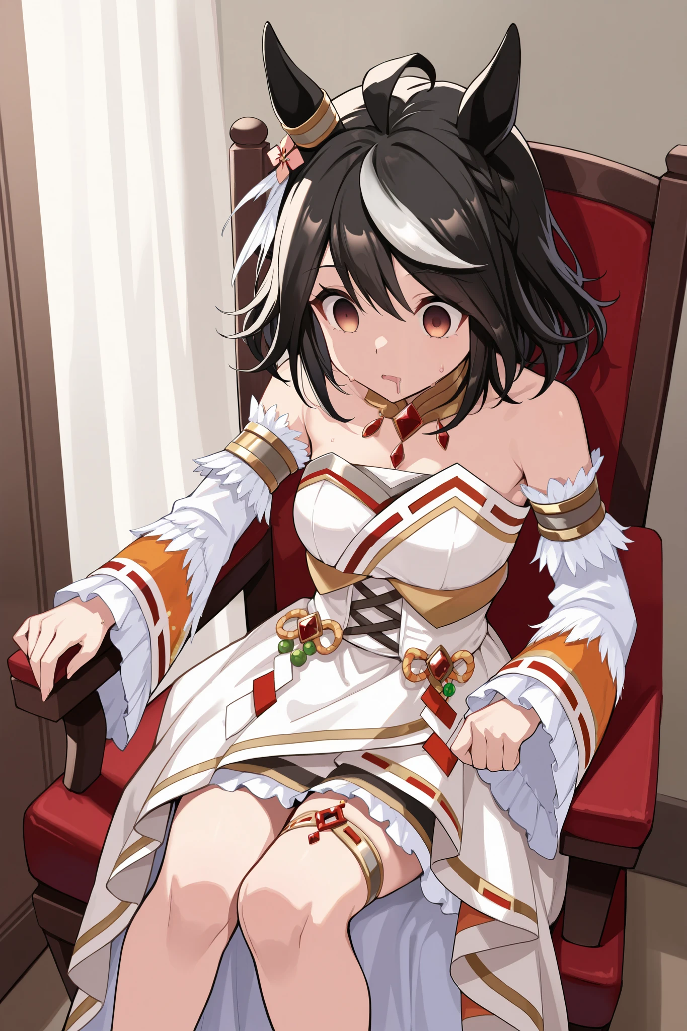 ( masterpiece, Ultra High Precision, 16k, RAW photo, complicated), (sharp concentration, Crisp details), (Wide range of colors, Vivid details), Noise reduction, 1 girl , (( Kitasan Black \( Uma Musume\)), (empty eyes), (Sleepy eyes:1.5), ( is bowing), (chair, open your legs), ( Official Costume), (whiteいパンティを見せる), skirt, sweat, Weakness:1.5, drool, motion line, (shot by Cowboy), white, Jubilant Star Kisshogaku , Long Sleeve, white毛皮の襟, armlet, white strapless japanese dress , Parallel side straps