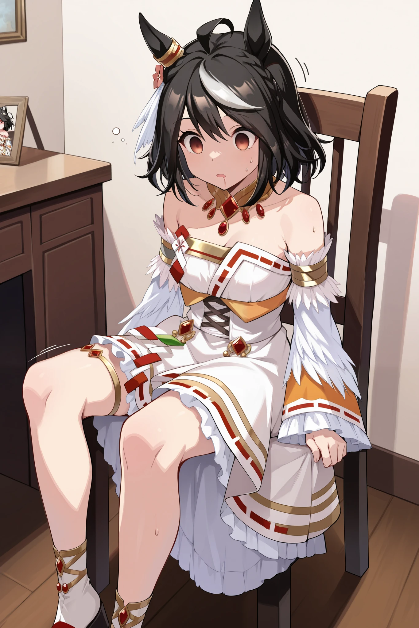 ( masterpiece, Ultra High Precision, 16k, RAW photo, complicated), (sharp concentration, Crisp details), (Wide range of colors, Vivid details), Noise reduction, 1 girl , (( Kitasan Black \( Uma Musume\)), (empty eyes), (Sleepy eyes:1.5), (I'm nodding), (I'm bowing deeply), (Bow your head), (chair, open your legs), ( Official Costume), (whiteいパンティを見せる), skirt, sweat, Weakness:1.5, drool, (motion line), (shot by Cowboy), white, Jubilant Star Kisshogaku , Long Sleeve, white毛皮の襟, armlet, white strapless japanese dress , Parallel side straps