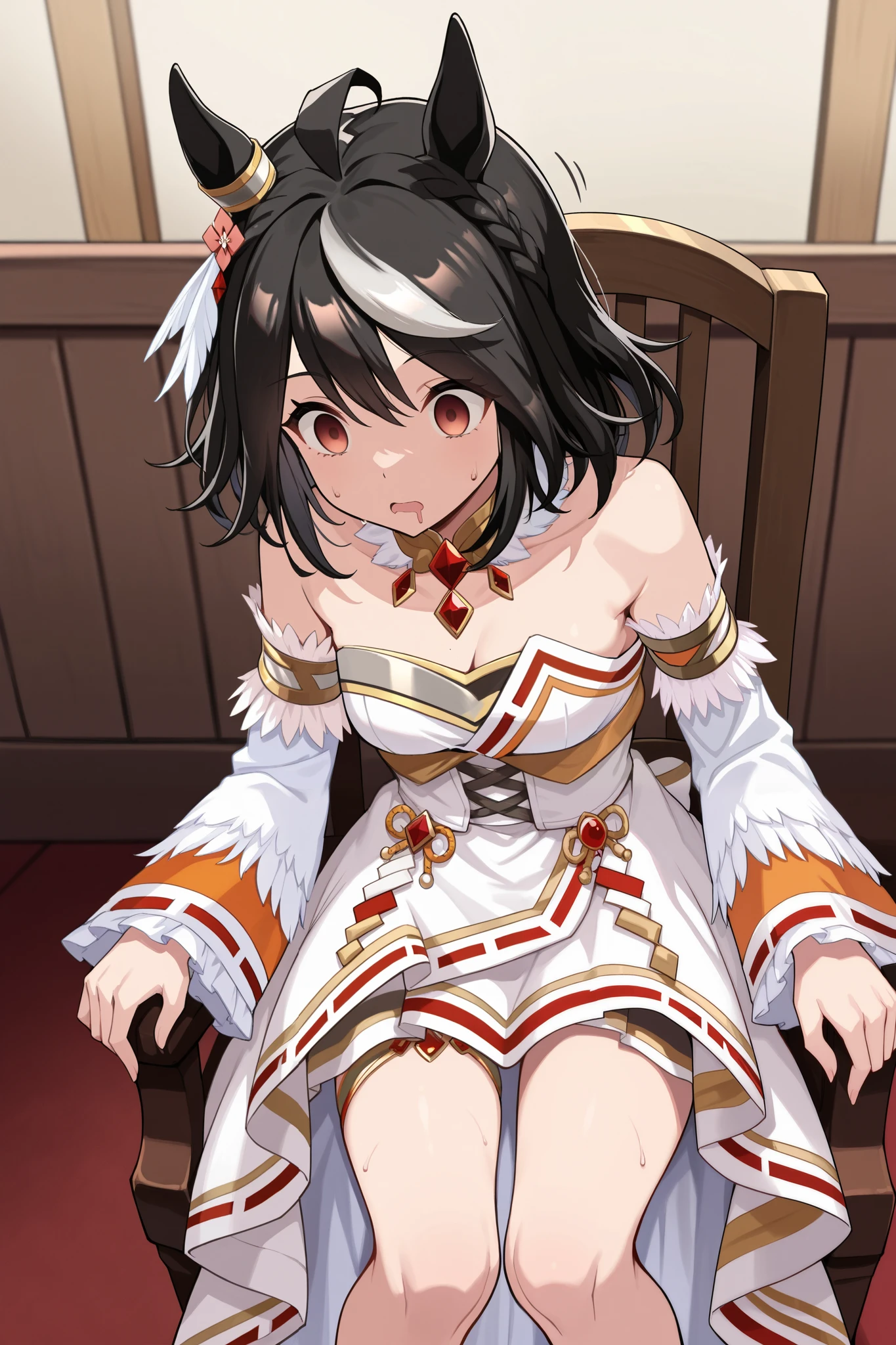 ( masterpiece, Ultra High Precision, 16k, RAW photo, complicated), (sharp concentration, Crisp details), (Wide range of colors, Vivid details), Noise reduction, 1 girl , (( Kitasan Black \( Uma Musume\)), (empty eyes), (Sleepy eyes:1.5), (I'm nodding), (I'm bowing deeply), (Bow your head), (chair, open your legs), ( Official Costume), (whiteいパンティを見せる), skirt, sweat, Weakness:1.5, drool, (motion line), (shot by Cowboy), white, Jubilant Star Kisshogaku , Long Sleeve, white毛皮の襟, armlet, white strapless japanese dress , Parallel side straps